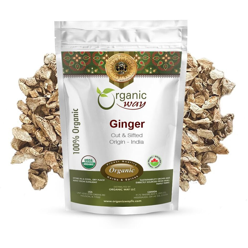 Organic Way Premium Dried Ginger Root Cut & Sifted (Zingiber Officinale) - Organic & Kosher Certified | Raw, Vegan, Non Gmo & Gluten Free | Usda Certified | Origin - India (1/2 Lbs)