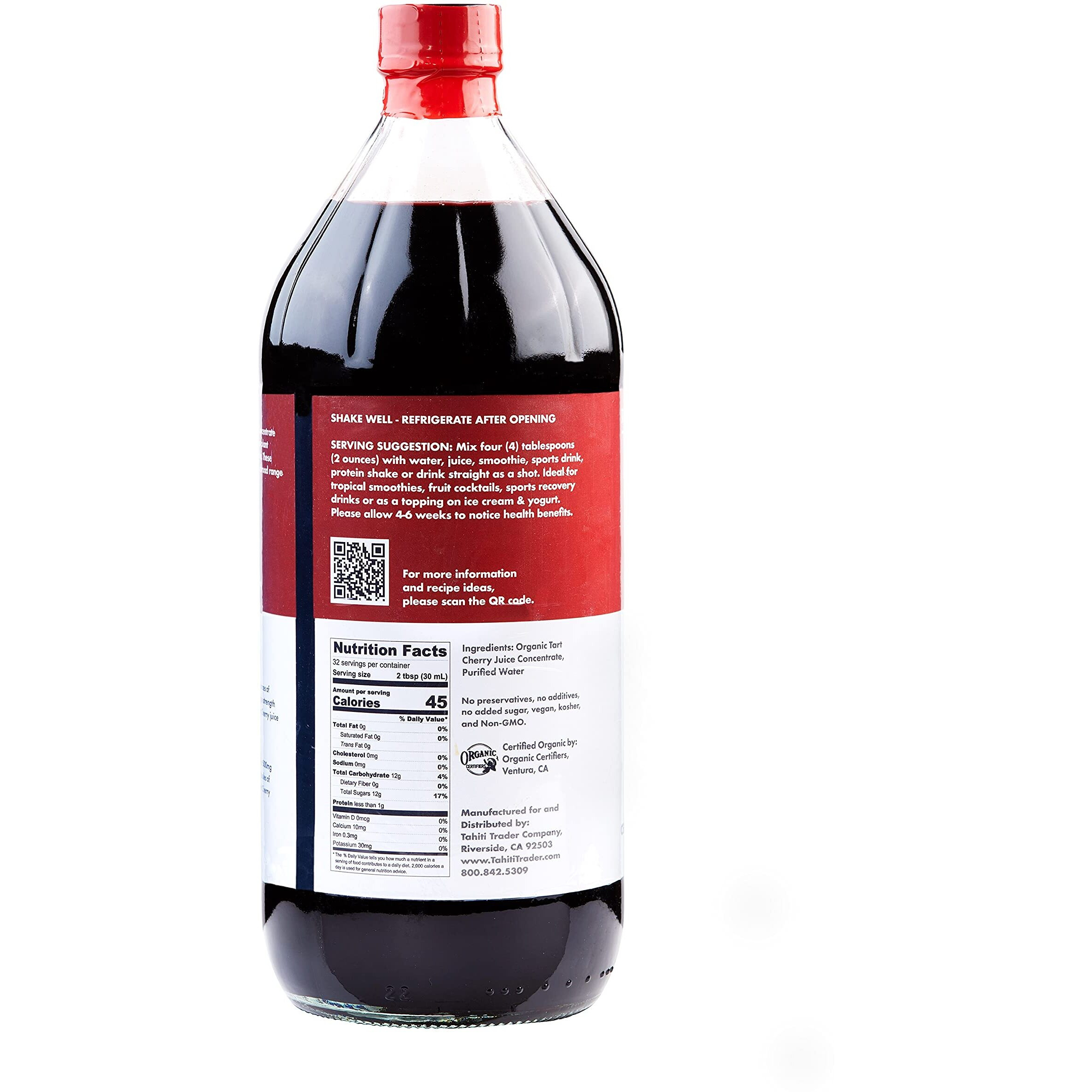 Tahiti Trader Tart Cherry Juice Concentrate - Ready To Drink Organic Superfood Juice Promoting Immune Support & Overall Health - Pure, Unsweetened Fruit Juice - (32 Oz, 2 Pack)