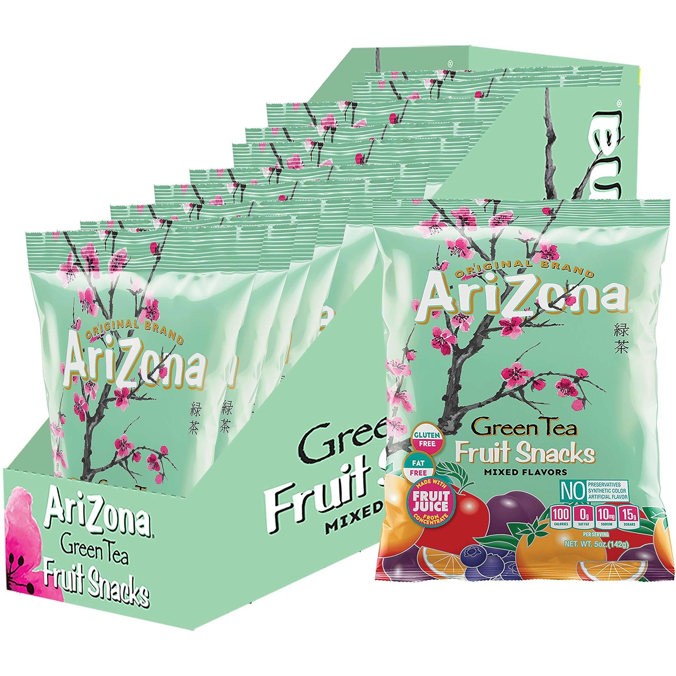 Arizona Green Tea Fruit Snacks, Gluten Free Mixed Fruit Gummy Chews 5 Ounce Individual Single Serve Bags, Green Tea,(Pack Of 12)
