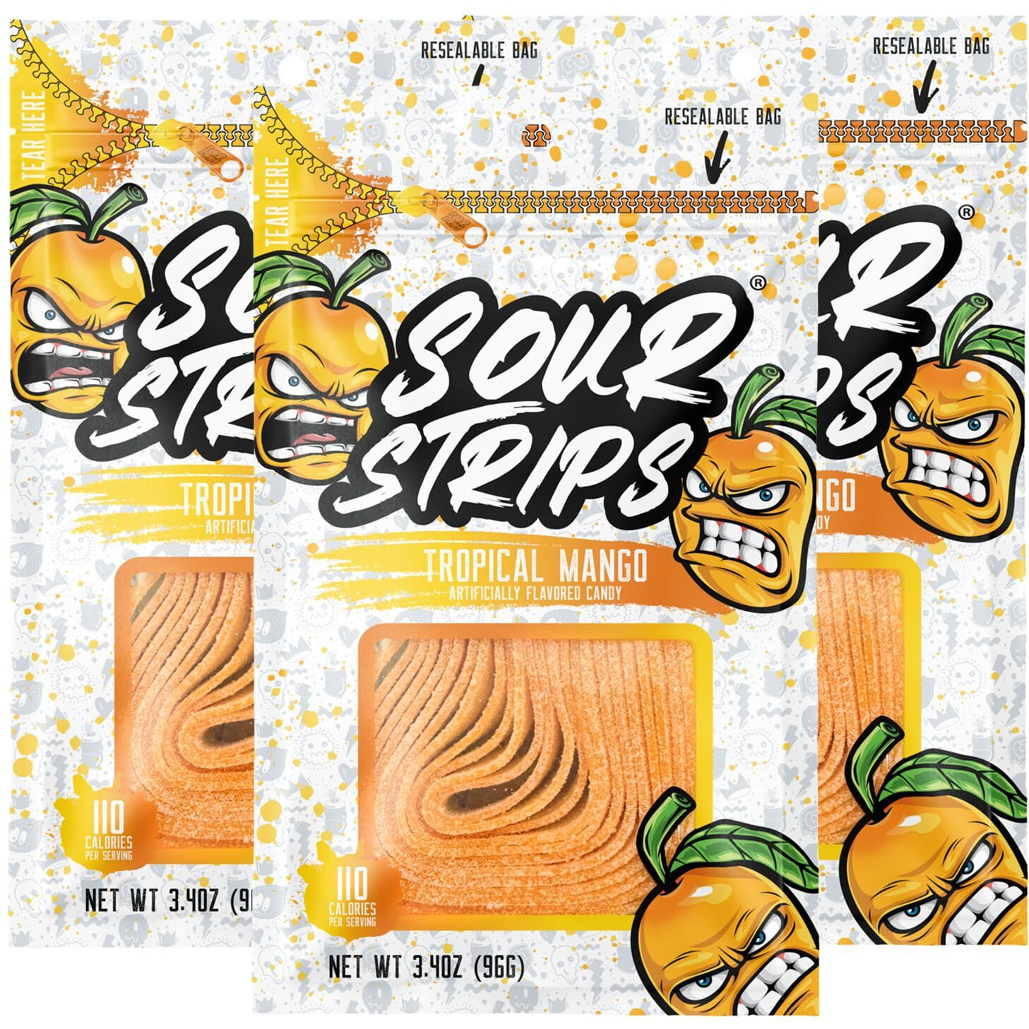 Sour Strips Flavored Sour Candy Strips, Deliciously Sour Chewy Candy Belts, Vegetarian Candies, 3 Pack (Tropical Mango (3-Pack))