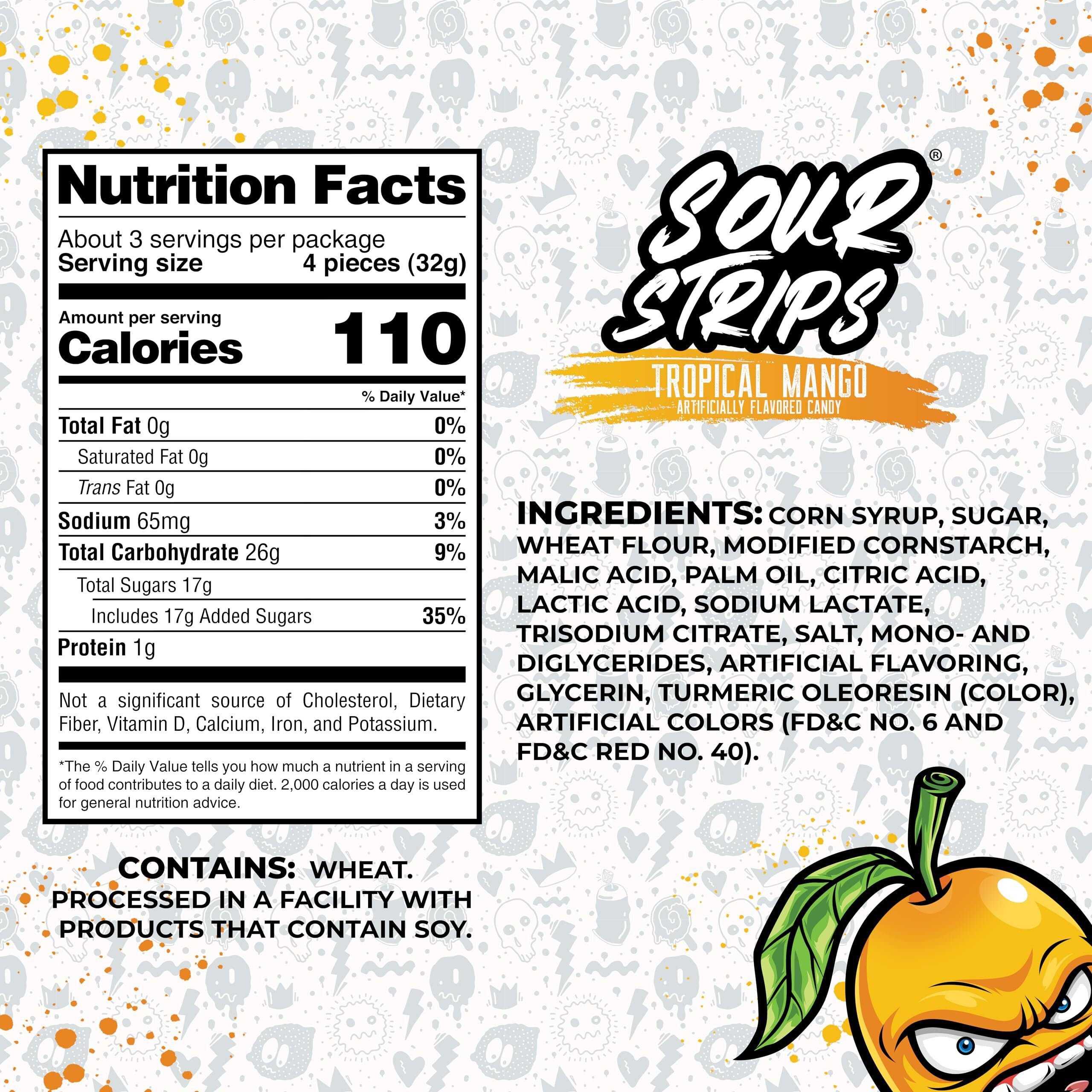 Sour Strips Flavored Sour Candy Strips, Deliciously Sour Chewy Candy Belts, Vegetarian Candies, 3 Pack (Tropical Mango (3-Pack))