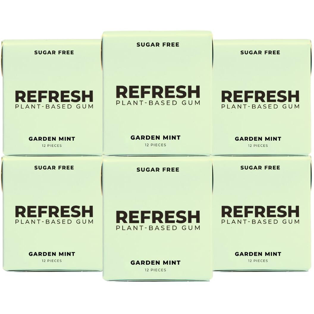 Refresh Plant Based Gum, Sugar Free, Long Lasting Chewing Gum With Stevia, Xylitol, Natural Flavors & Organic Ingredients, Low Calorie, Non Gmo, Gluten Free, Vegan, Garden Mint Flavor, 12 Pcs, 6 Pack