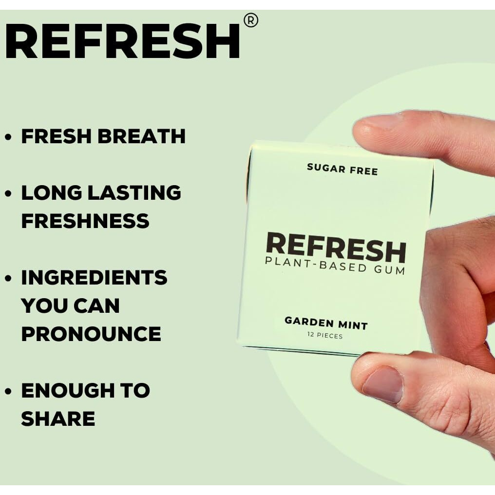 Refresh Plant Based Gum, Sugar Free, Long Lasting Chewing Gum With Stevia, Xylitol, Natural Flavors & Organic Ingredients, Low Calorie, Non Gmo, Gluten Free, Vegan, Garden Mint Flavor, 12 Pcs, 6 Pack