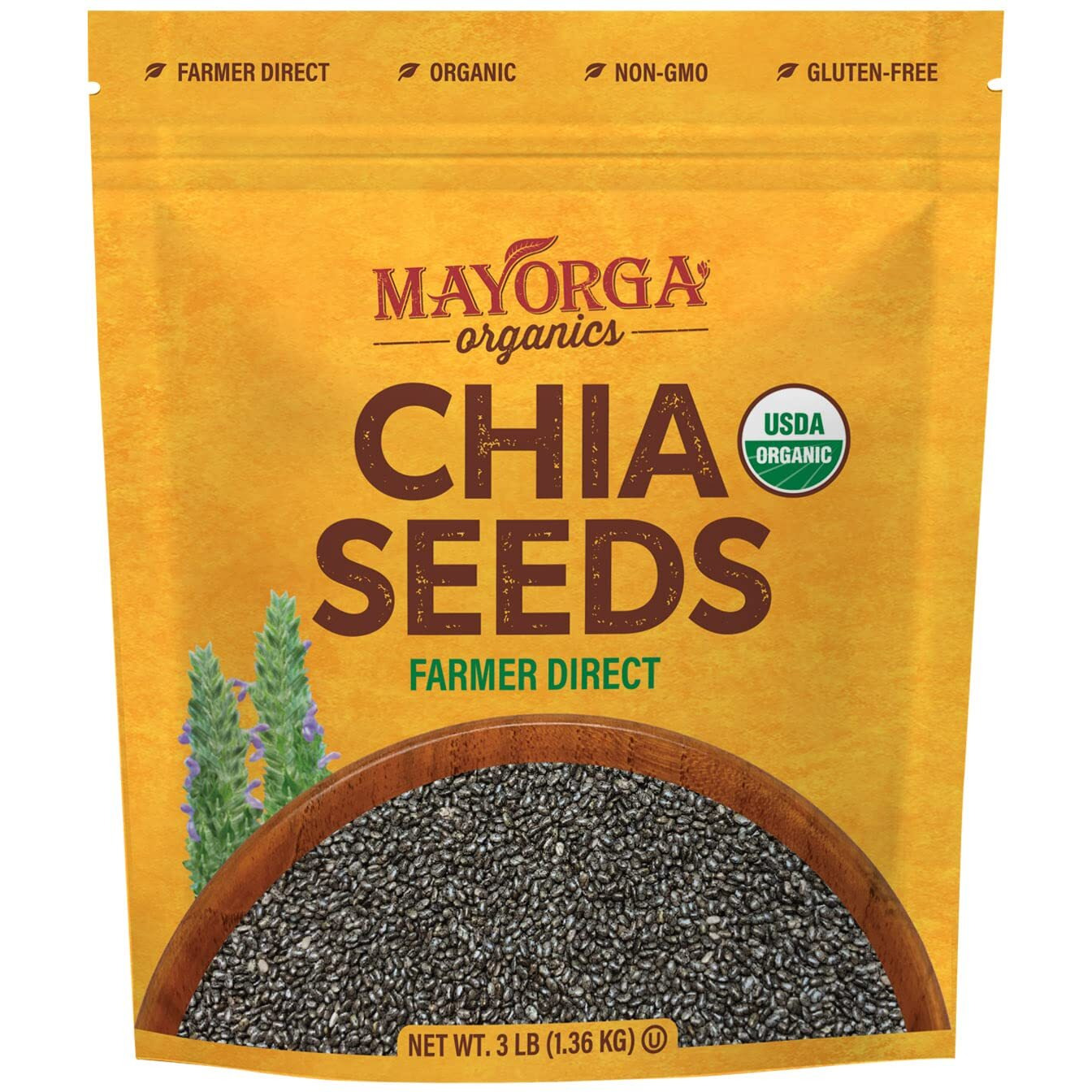 Mayorga Organic Raw Chia Seeds, 3Lb Resealable Bag | Superfood W/Plant-Based Omega 3 & Vegan Protein | Usda Certified, Gluten-Free, Non-Gmo, Direct Trade, Kosher | Add To Breakfast, Oats & More