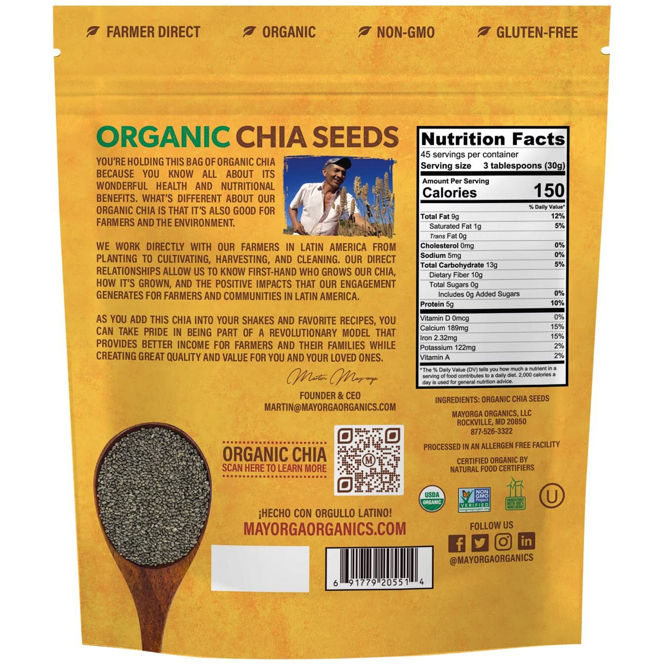 Mayorga Organic Raw Chia Seeds, 3Lb Resealable Bag | Superfood W/Plant-Based Omega 3 & Vegan Protein | Usda Certified, Gluten-Free, Non-Gmo, Direct Trade, Kosher | Add To Breakfast, Oats & More