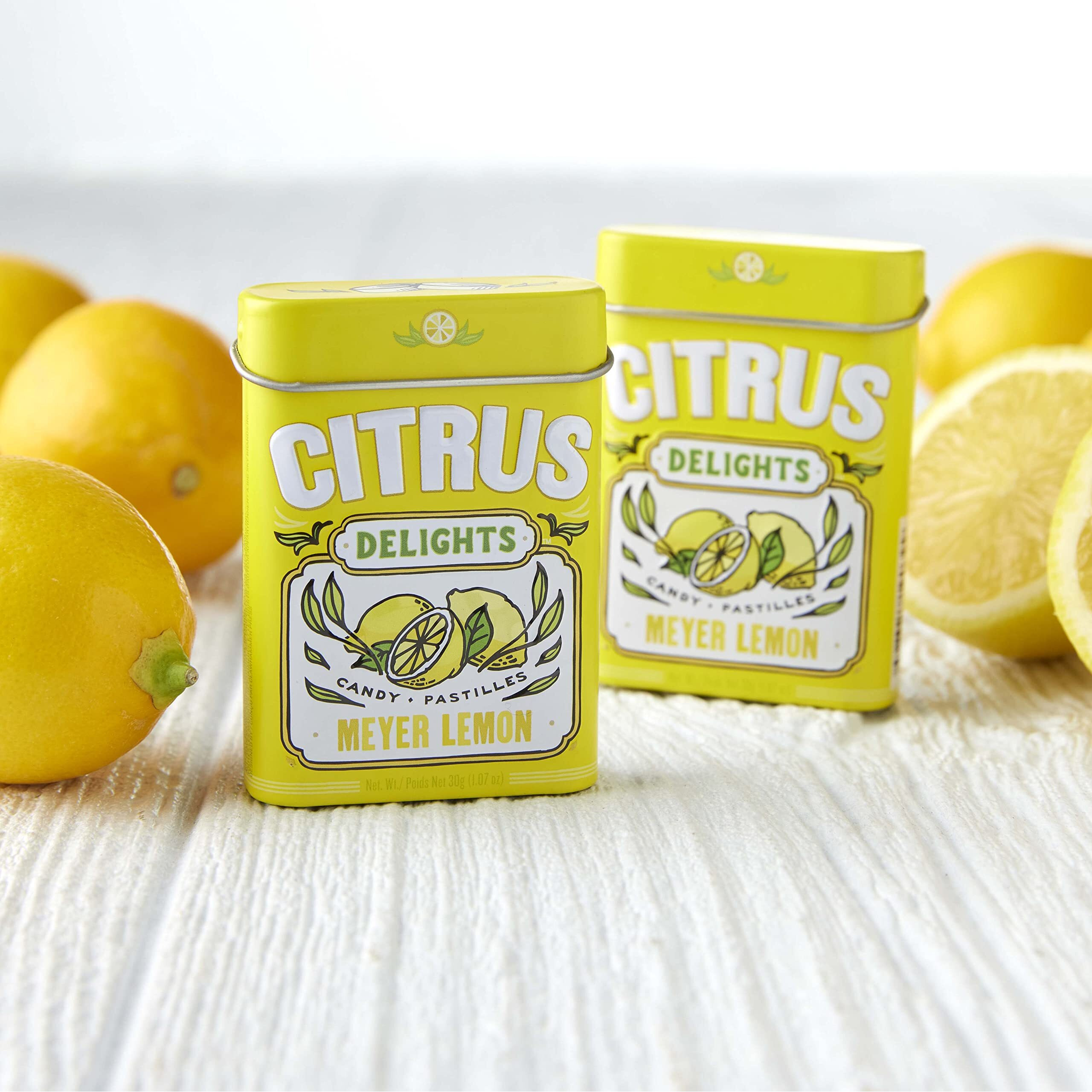 Citrus Delights Meyer Lemon Candy | Natural Ingredients, No Artificial Colors Or Flavors | Kosher Certified, Vegan, Gluten Free | Aspartame & Xylitol Free | 30 Count Tin (Pack Of 12)
