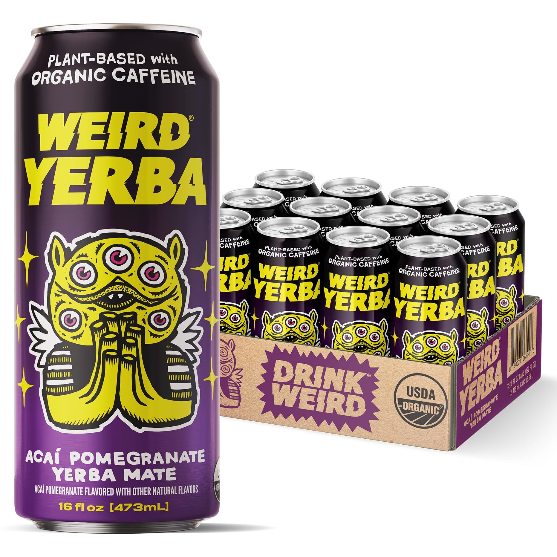 Drink Weird Organic Acai Pomegranate Yerba Mate - Functional Beverage, Organic, Gluten-Free, Vegan, Refreshing Natural Caffeine, Amazing Antioxidants, 160Mg Organic Caffeine, Clean Energy Alternative Drink, Iced Tea,16 Fl Oz (Pack Of 12)
