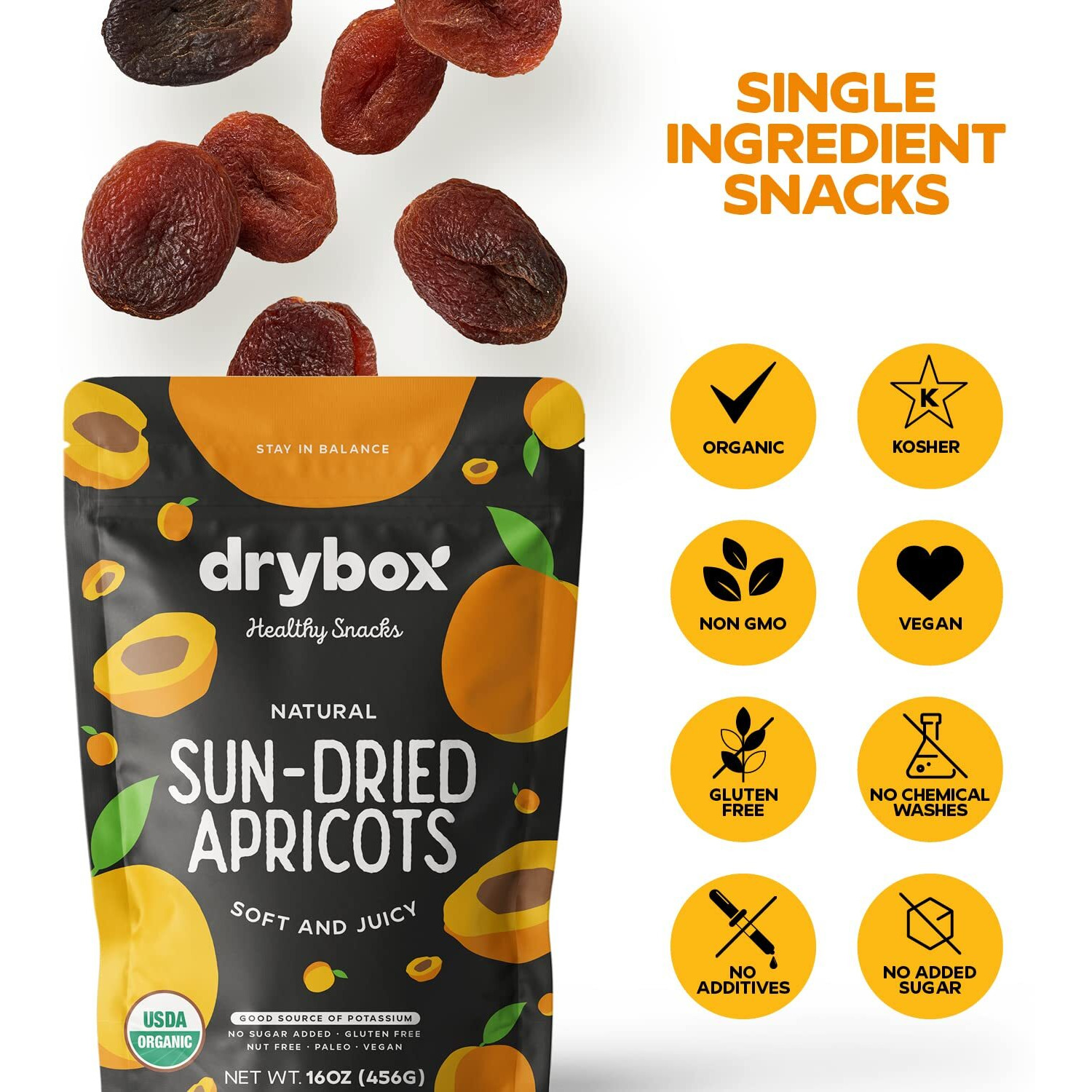 Drybox Unsulfured Organic Sun Dried Turkish Apricots, Unsweetened No Sugar Added, Non-Gmo Dried Apricots For Snacking In School, Gym, And Office | Resealable 1 Lb Per Pack - 1 Pack
