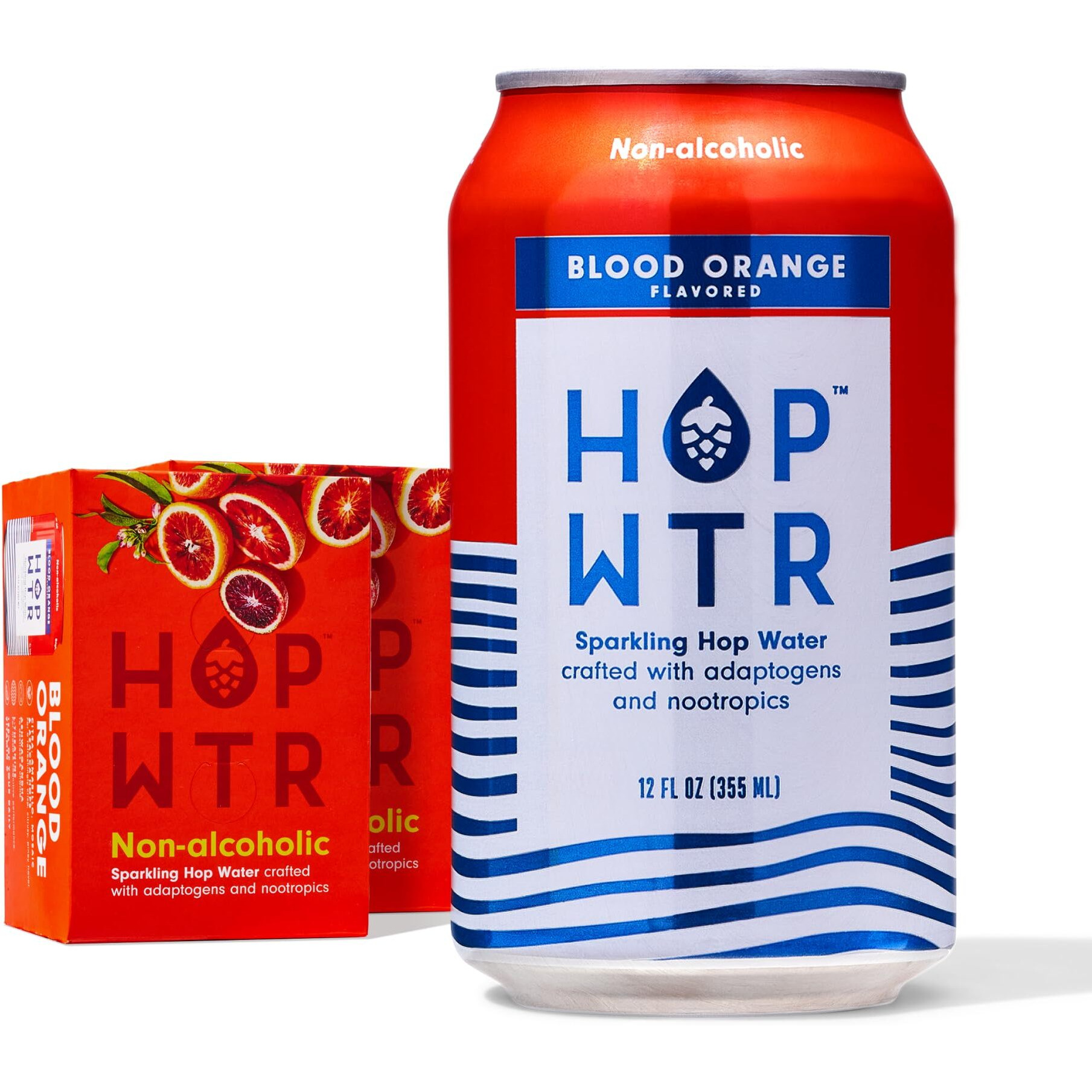 Hop Wtr Sparkling Hop Water Blood Orange 12 Pack, Sugar Free, Low Carb Non Alcoholic Drinks, Na Beer, Adaptogen Drink, No Calories, Adaptogens & Nootropics For Added Benefits, 12 Oz Cans