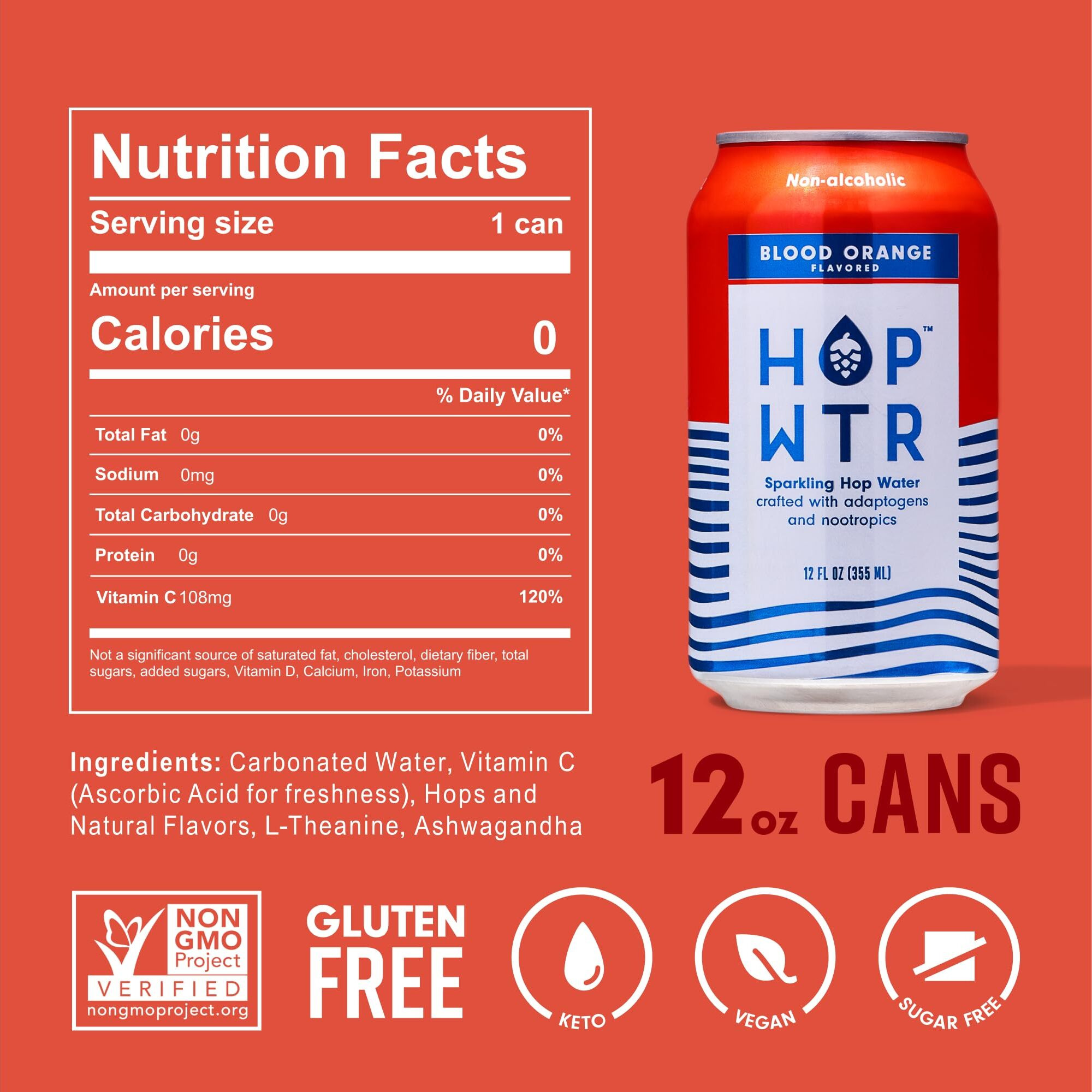 Hop Wtr Sparkling Hop Water Blood Orange 12 Pack, Sugar Free, Low Carb Non Alcoholic Drinks, Na Beer, Adaptogen Drink, No Calories, Adaptogens & Nootropics For Added Benefits, 12 Oz Cans