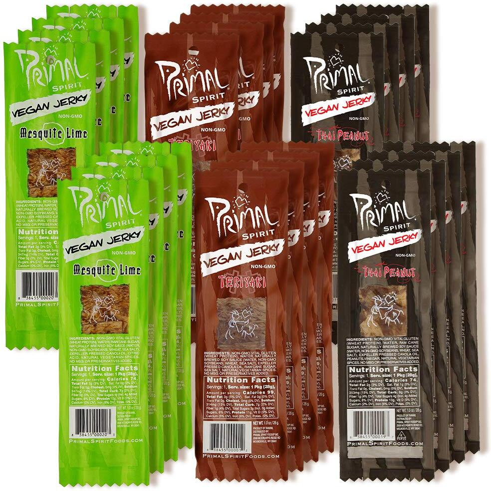 Primal Spirit Vegan Jerky - Seitan Power Pack, 10 G. Plant Based Protein, Certified Non-Gmo, No Preservatives ("&quotThe Classics"" Teriyaki, Thai Peanut, And Mesquite Lime, 24-Pack, 1 Oz)