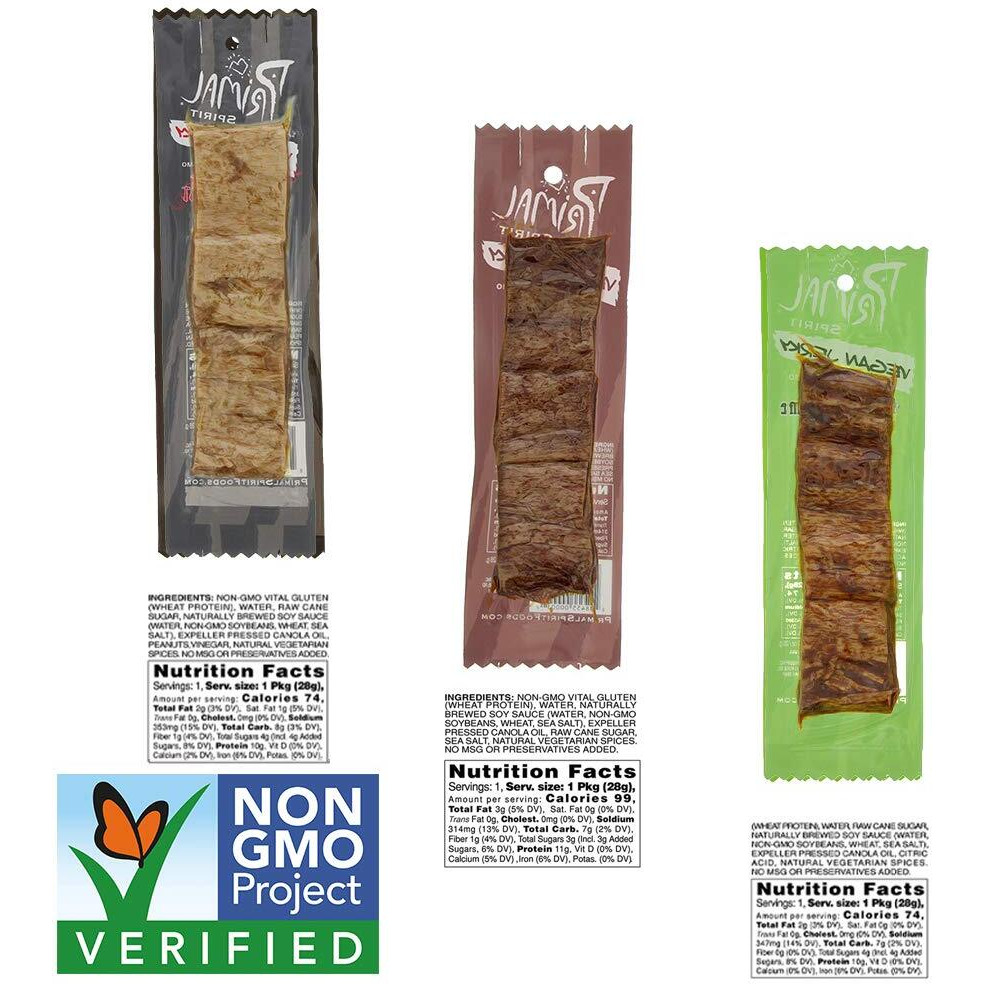 Primal Spirit Vegan Jerky - Seitan Power Pack, 10 G. Plant Based Protein, Certified Non-Gmo, No Preservatives ("&quotThe Classics"" Teriyaki, Thai Peanut, And Mesquite Lime, 24-Pack, 1 Oz)