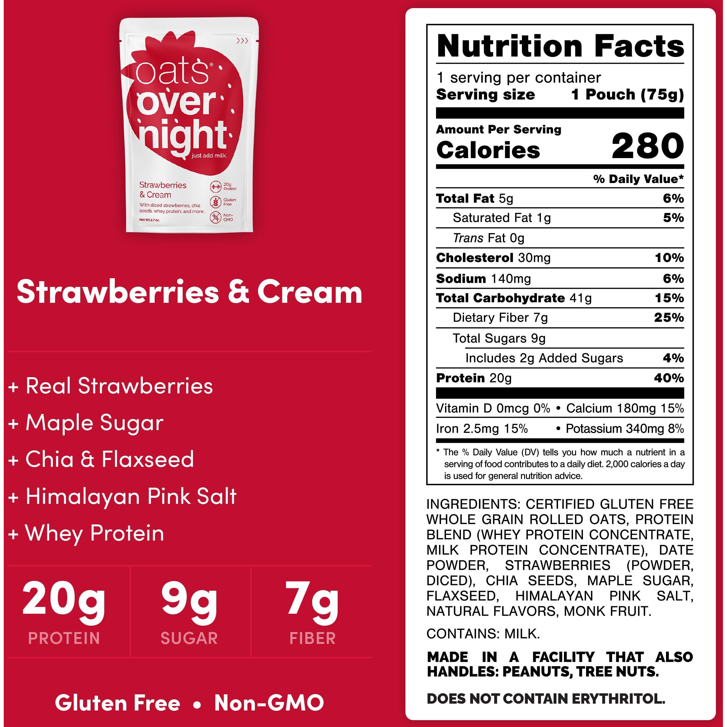 Oats Overnight - Strawberries & Cream - 20G Protein, High Fiber Breakfast Shake - Gluten Free, Non Gmo Oatmeal (2.7 Oz Per Meal) (8 Pack + Blenderbottle)