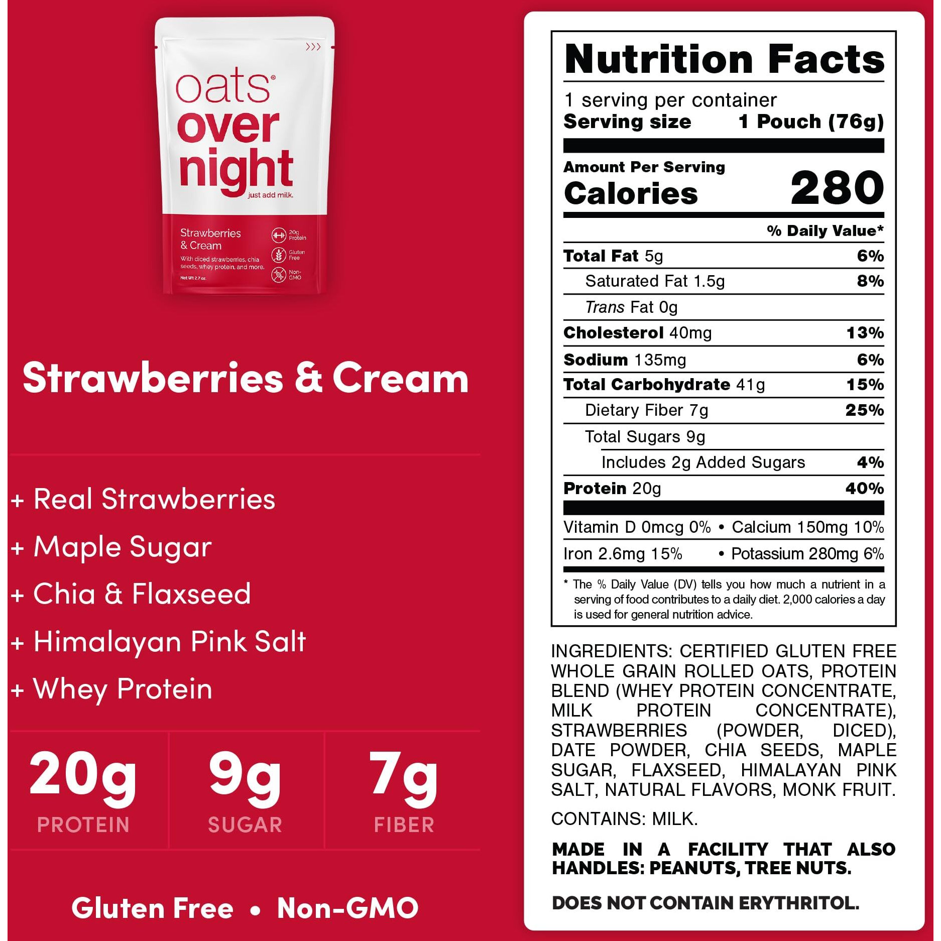 Oats Overnight - Strawberries & Cream - 20G Protein, High Fiber Breakfast Shake - Gluten Free, Non Gmo Oatmeal (2.7 Oz Per Meal) (8 Pack + Blenderbottle)