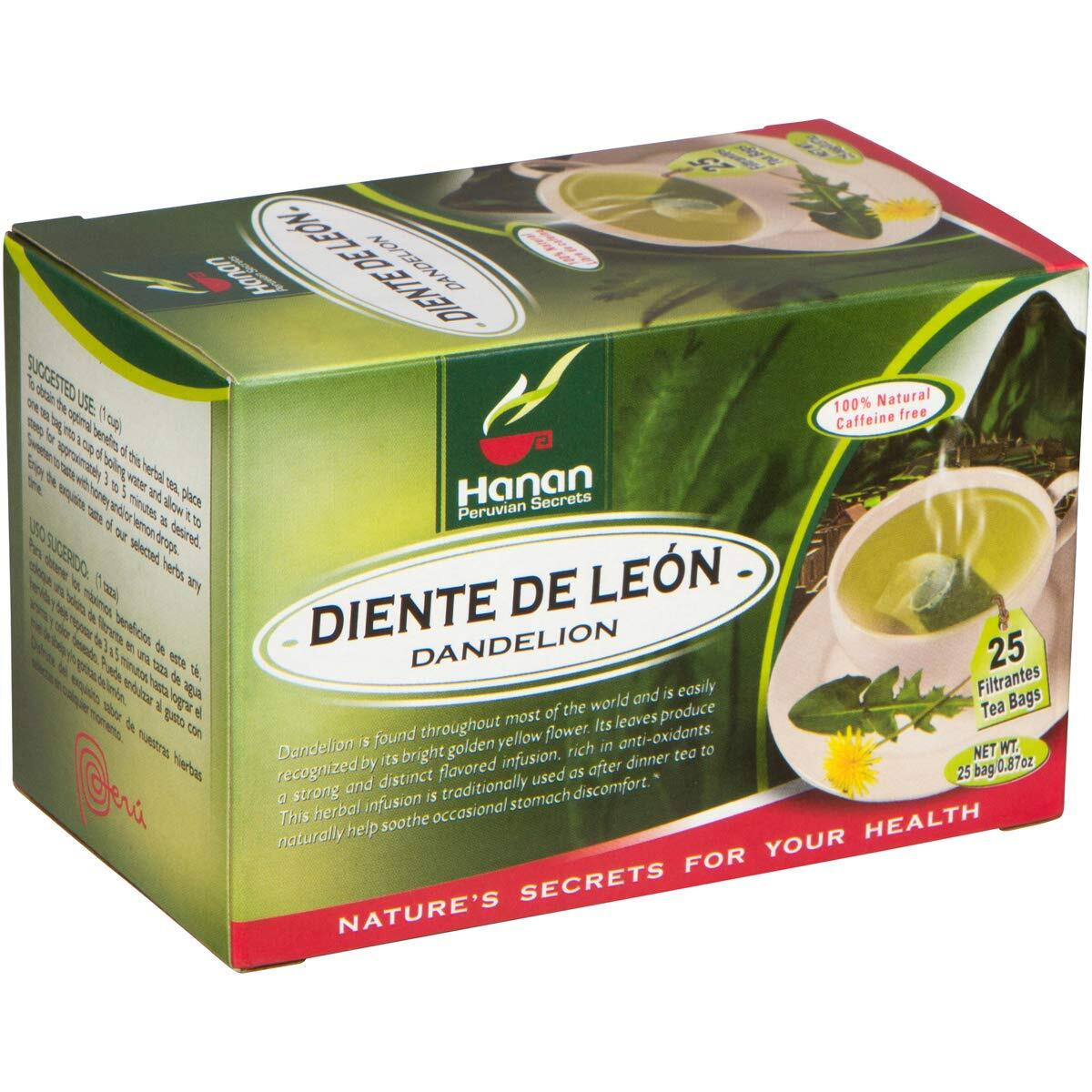 Hanan Dandelion Tea (Diente De Le  N) - 25 Tea Bags Of All-Natural Dandelion Leaves And Root From Peru, Detox Tea For Digestive Comfort, 25 Count (Pack Of 1)