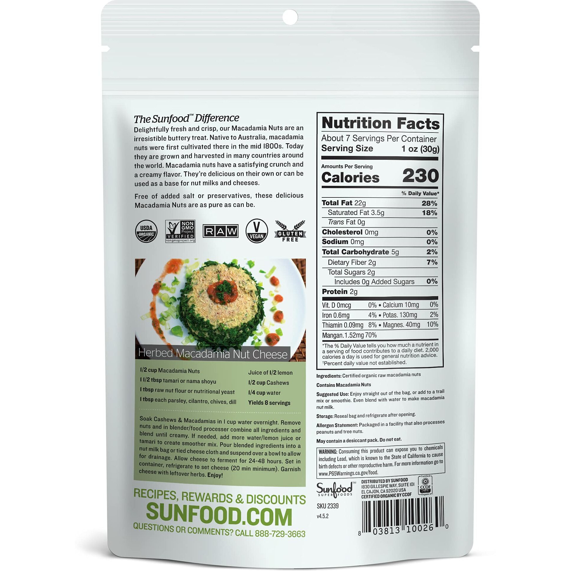 Sunfood Superfood Raw Organic Macadamia Nuts Unsalted - Harvested And Processed At Low Temperatures - Free Of Preservatives - Great For Keto Snack Or Baking - Kosher, Gluten Free - 8 Oz Bag