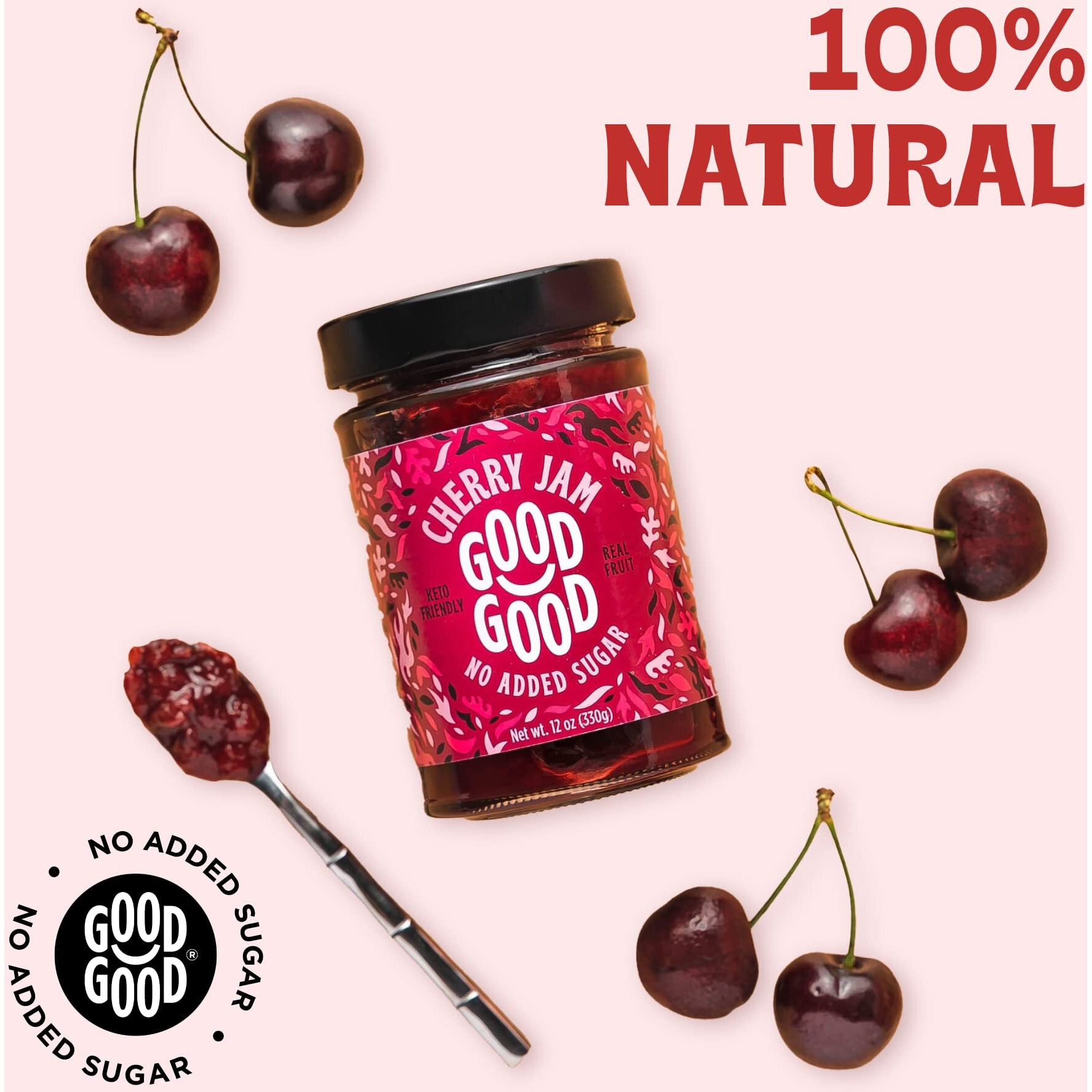 Good Good No Added Sugar Cherry Jam - Keto Friendly Jelly - Low Carb, Low-Calorie And Vegan - Diabetic Friendly - 12Oz / 330G (Pack Of 1)