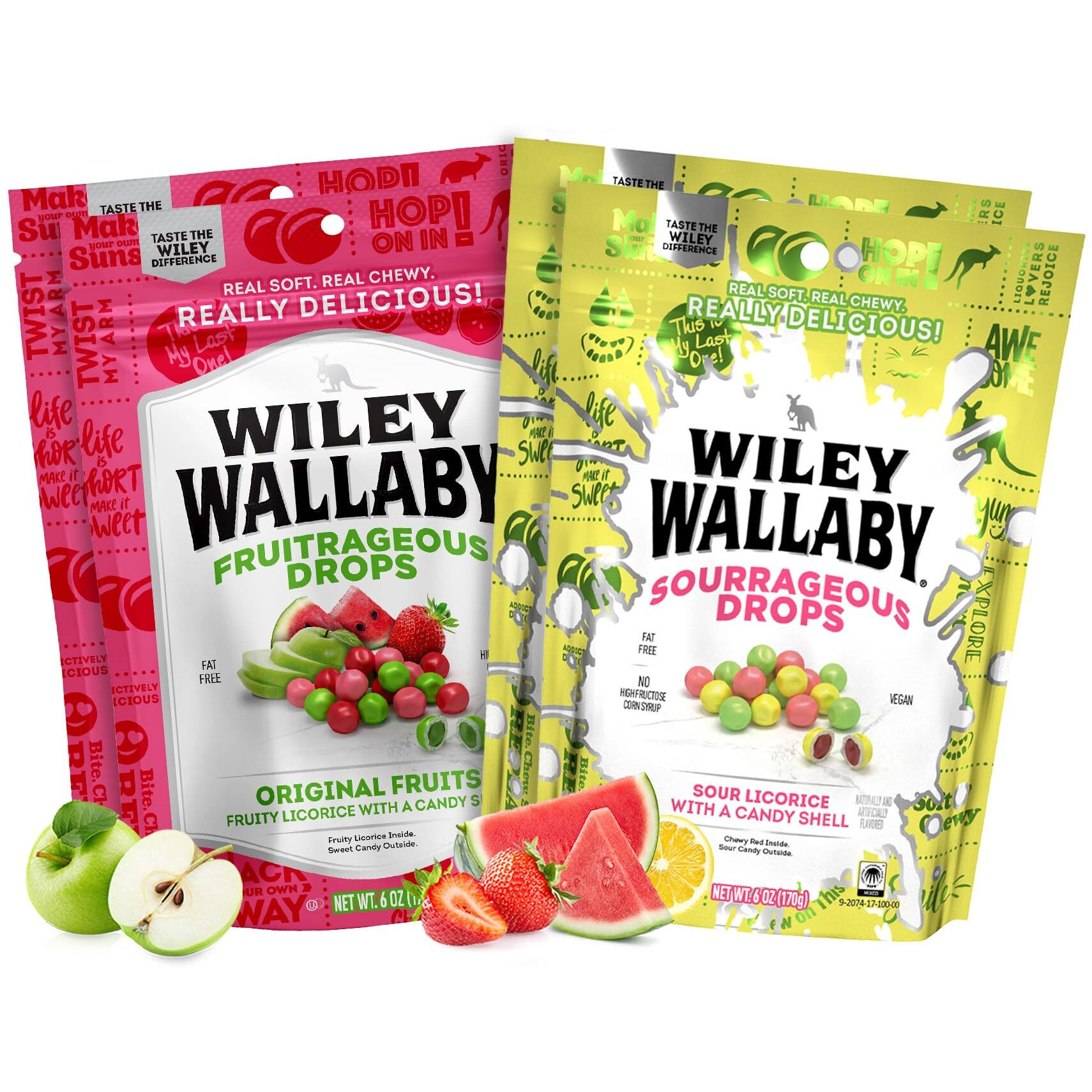 Wiley Wallaby Licorice Candy Drops | Sourrageous And Fruitrageous Drops | 6 Ounce | 4 Pack