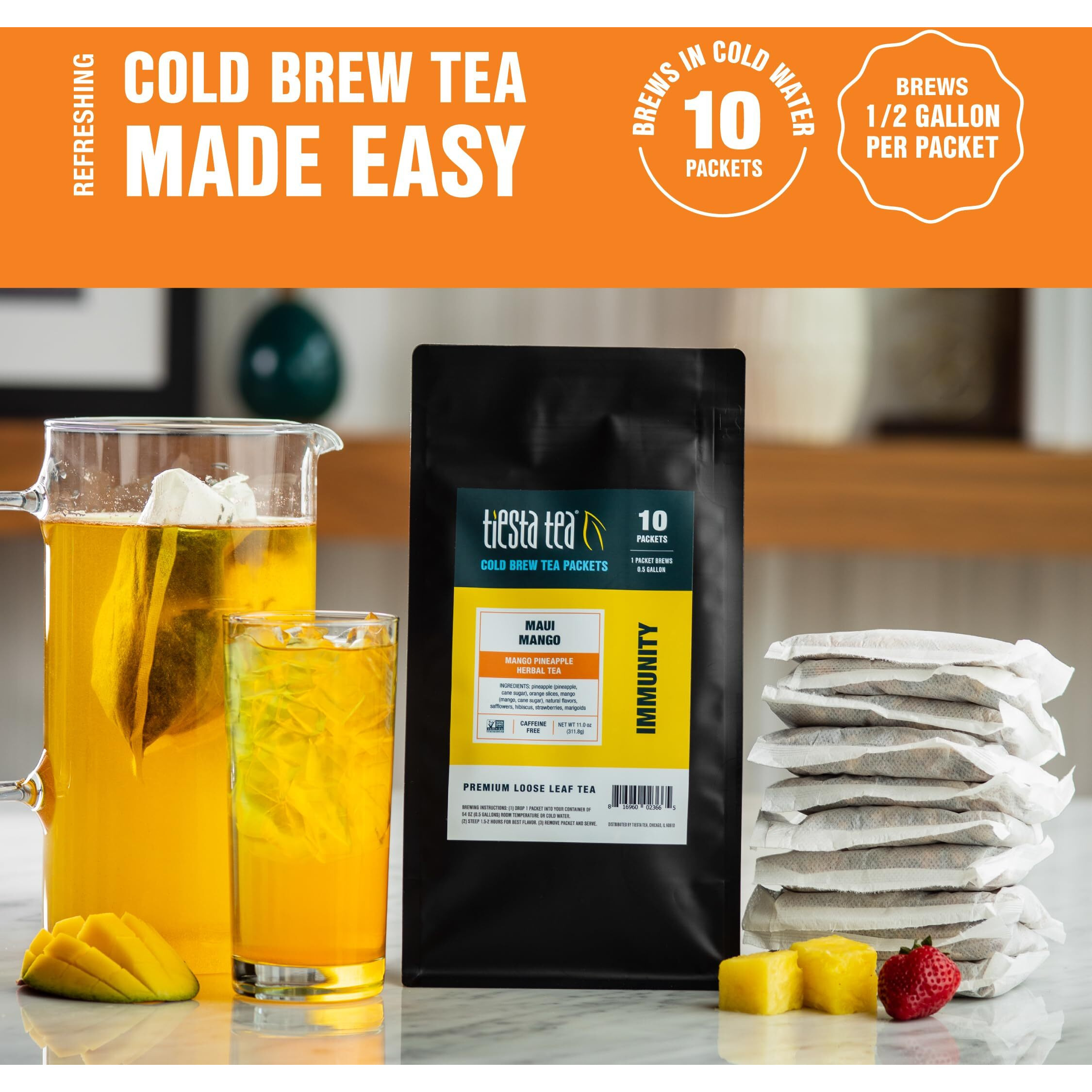 Tiesta Tea - Maui Mango Cold Brew Tea - Mango Pineapple Herbal Tea - Premium Loose Leaf Tea Blend - Non Caffeinated Iced Tea - Cold Brew Tea Packets - Brews 64 Oz Of Pitcher Per Bag (Pack Of 10)