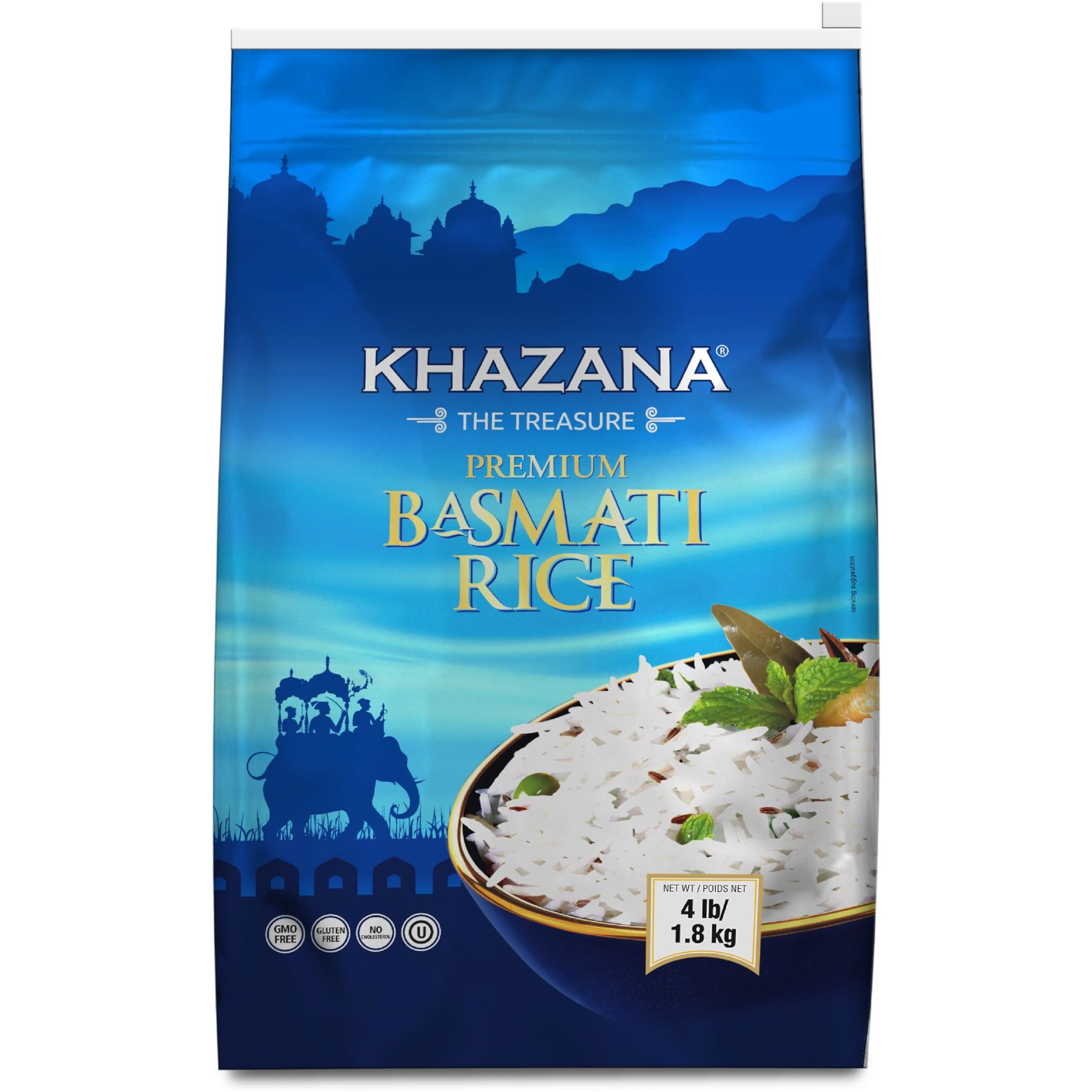 Khazana Authentic Premium Basmati Rice - 4Lb Resealable Zipper Bag | Non-Gmo, Gluten-Free, Kosher & Cholesterol-Free | Aromatic & Flavorful Grain From India