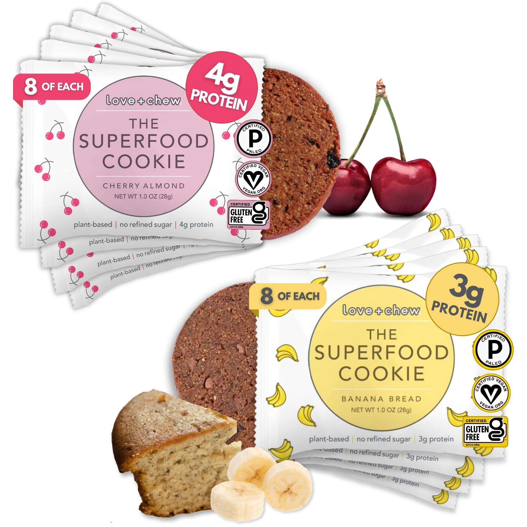 Love + Chew - Banana Bread And Cherry Almond Minis - 16 Count - Tasty, Gluten Free Cookies - Vegan - Healthy, Paleo, Non Gmo - Individually Wrapped And Soft Baked With High Protein Almonds - 1 Oz Each