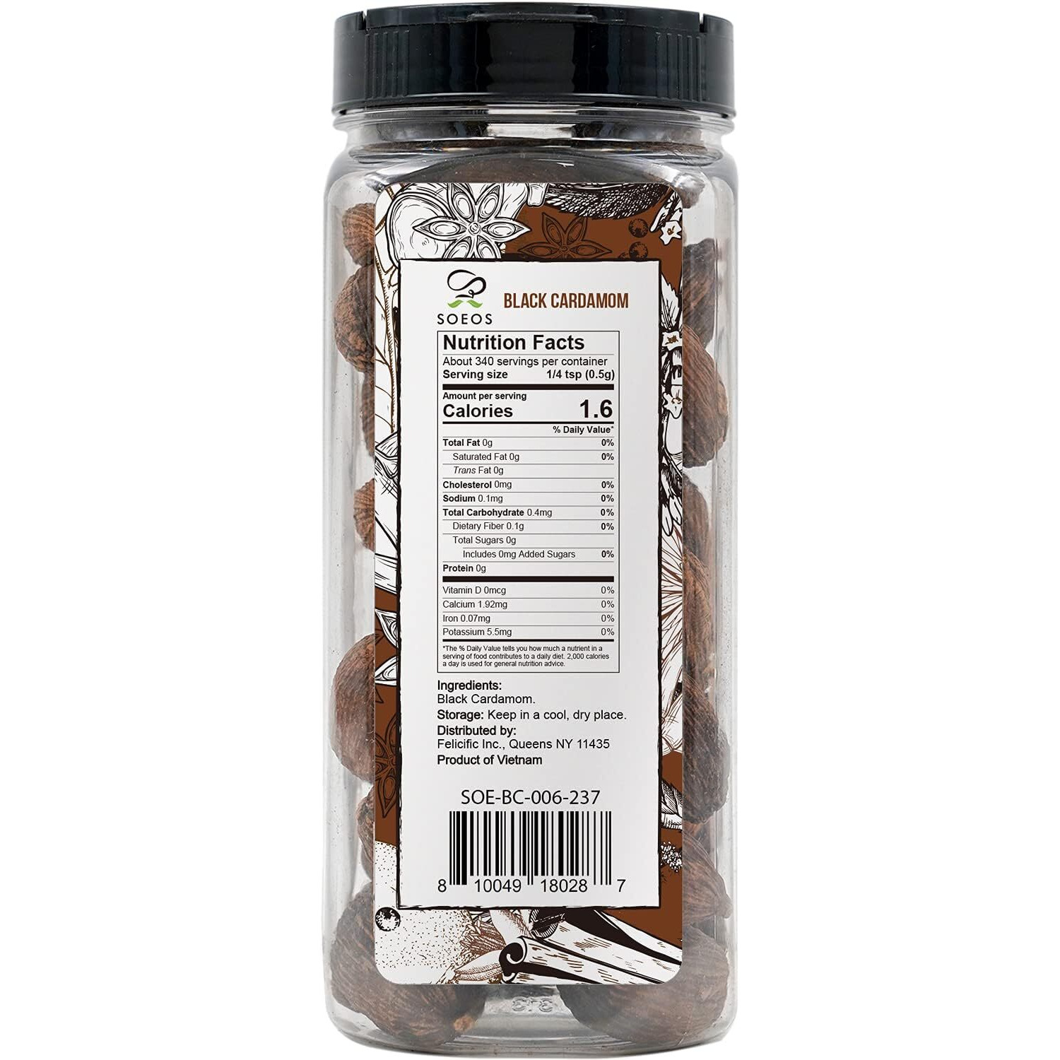Soeos Black Cardamom 6 Ounces, Non Gmo Verified, Kosher, Asian And India Cooking Spice, Smoky Flavor, Freshly Dried Cardamom, Cardamom Seeds, Cardamom Pods For Cooking, Whole Kali Elaichi, 6Oz.