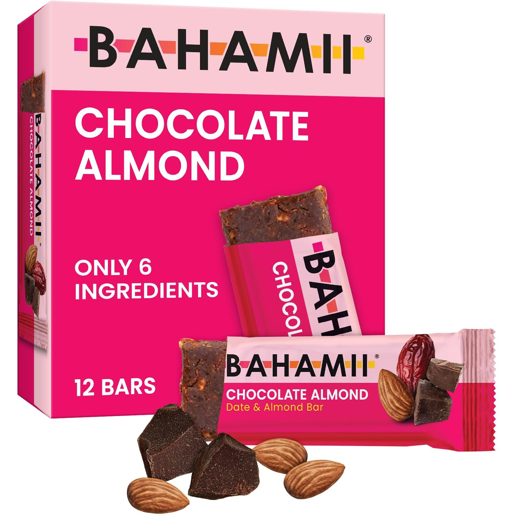 Bahamii Date And Almond Bars, Chocolate Almond - Healthy Snacks, Gluten Free, No Added Sugar, Non Gmo - Plant-Based, Kosher - 12 Count