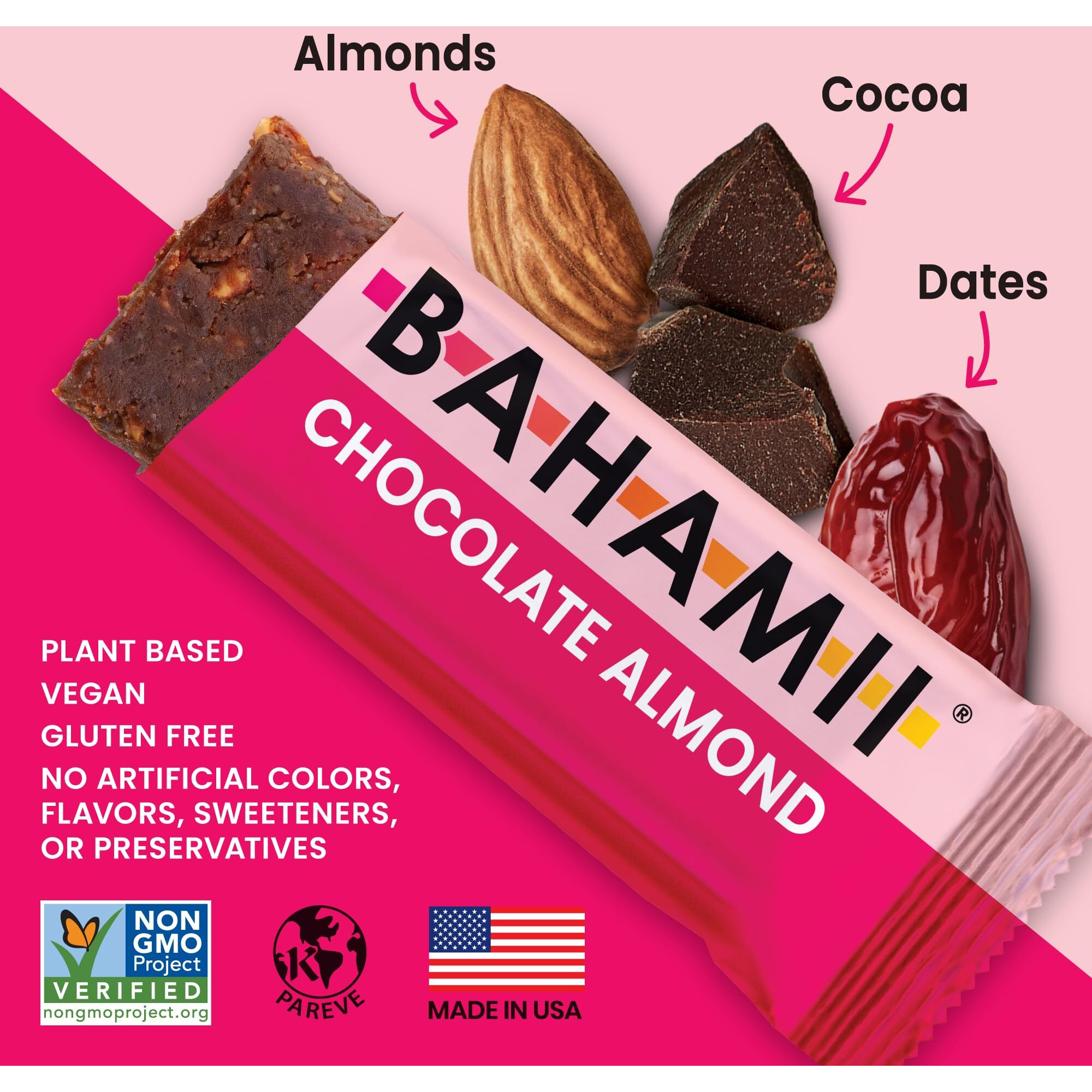 Bahamii Date And Almond Bars, Chocolate Almond - Healthy Snacks, Gluten Free, No Added Sugar, Non Gmo - Plant-Based, Kosher - 12 Count