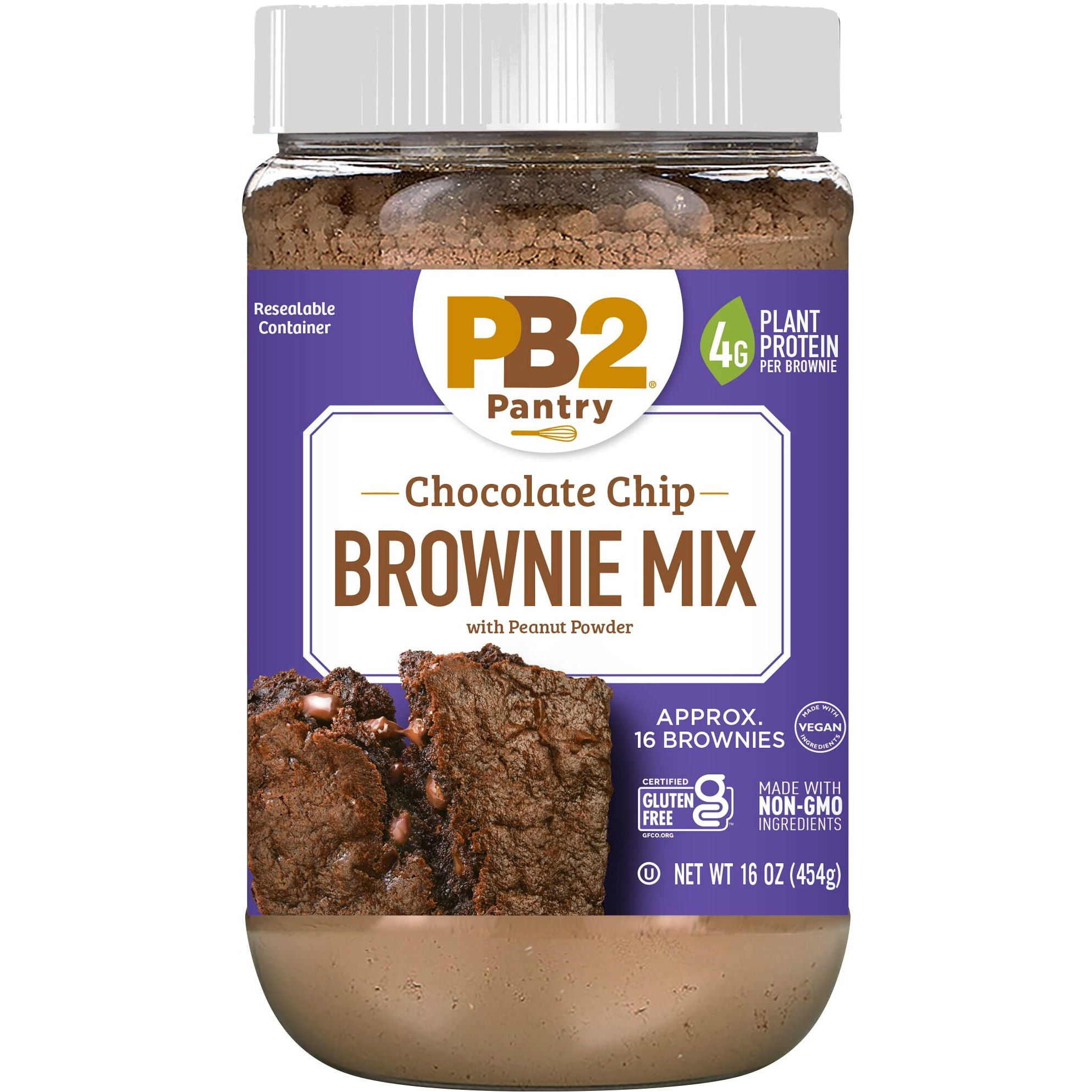 Pb2 Pantry Chocolate Chip Brownie Mix - 16 Oz Jar | Certified Vegan, Gluten Free, Non-Gmo, 4G Plant Protein Per Brownie