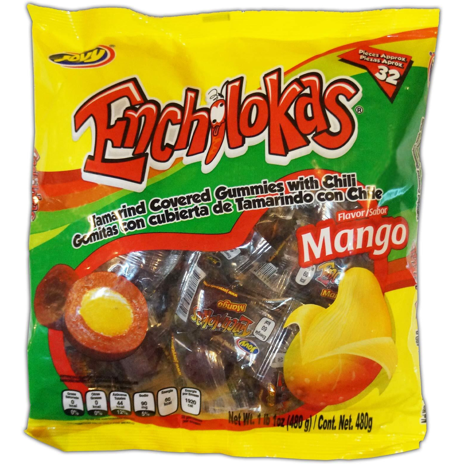 Jovy Enchilokas Candy. Mango Flavored Tamarind Covered Gummies With Chili. Net Wt 1-Lb 1-Oz