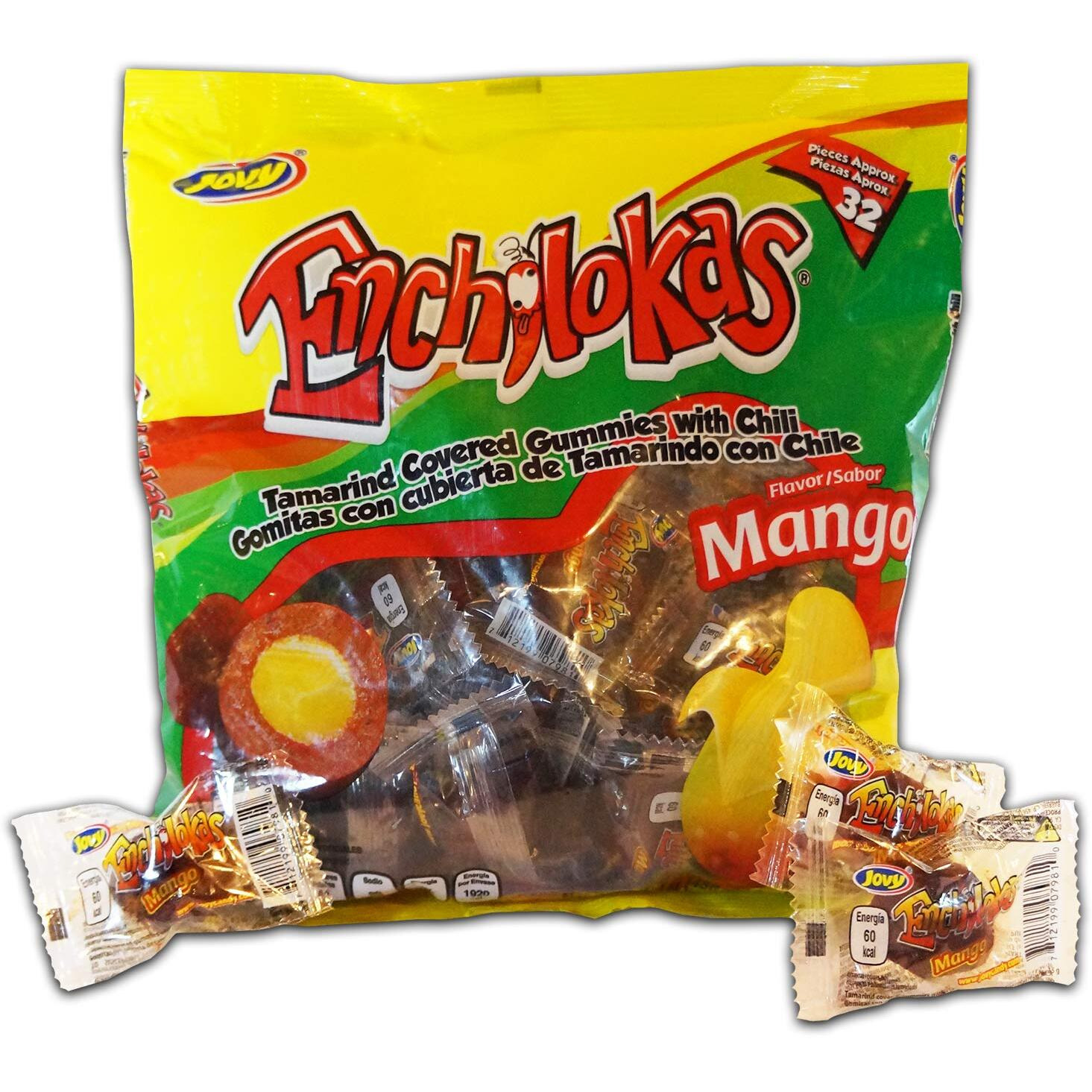 Jovy Enchilokas Candy. Mango Flavored Tamarind Covered Gummies With Chili. Net Wt 1-Lb 1-Oz
