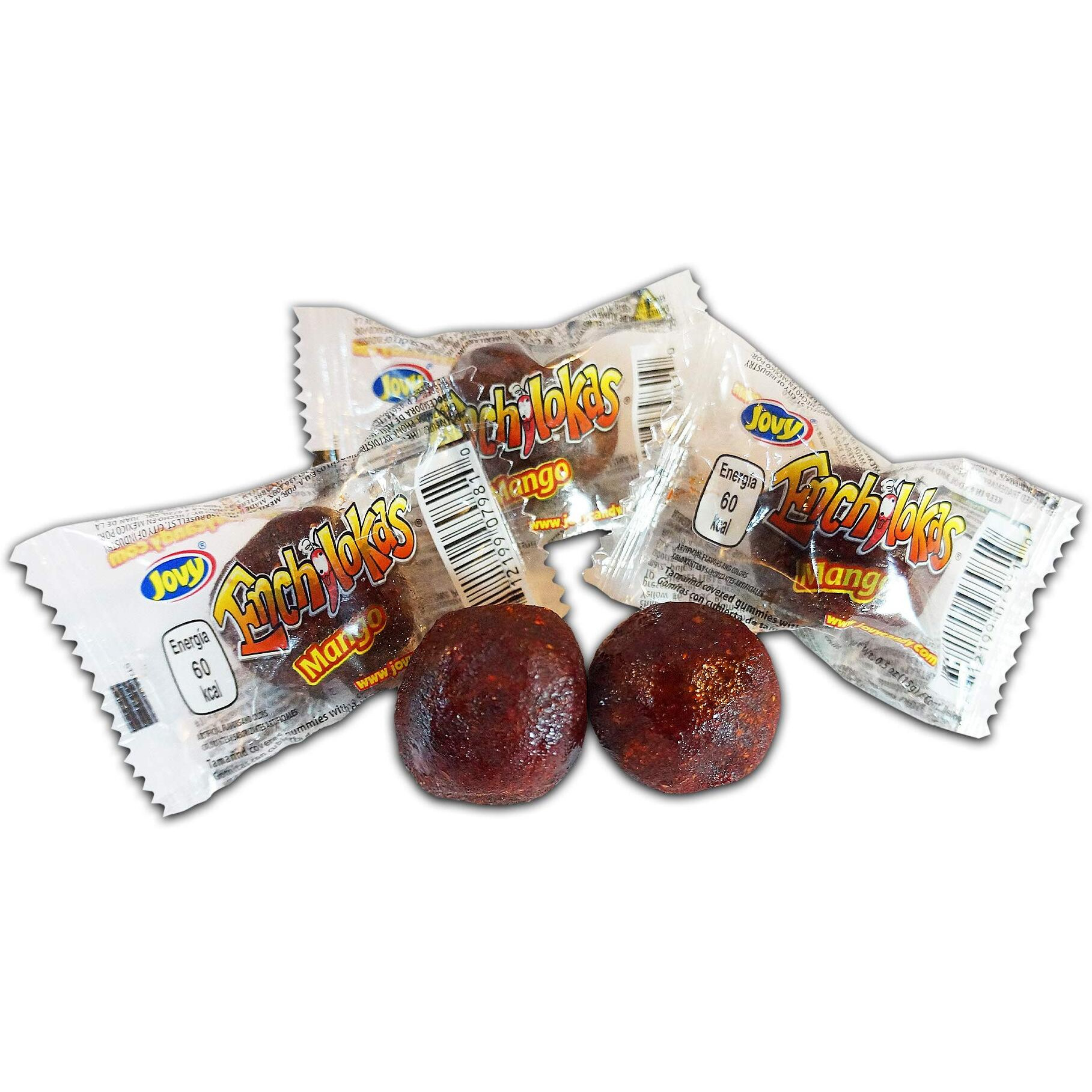 Jovy Enchilokas Candy. Mango Flavored Tamarind Covered Gummies With Chili. Net Wt 1-Lb 1-Oz