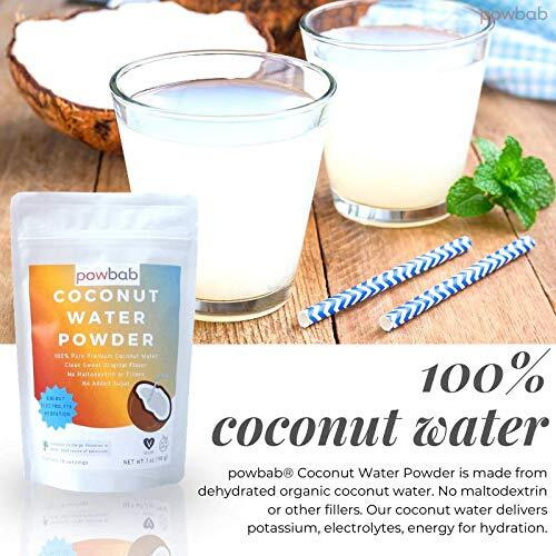 Powbab Coconut Water Powder From 100% Organic Coconut. No Sugar Added. Pure Delicate, Clean Taste. Dehydrated, Not Freeze Dried, Raw, Unsweetened Electrolytes And Real Hydration. Good For Cramps.