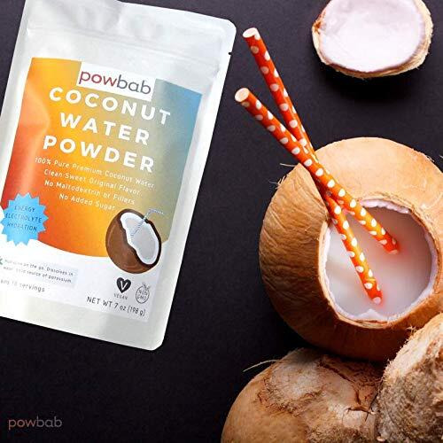 Powbab Coconut Water Powder From 100% Organic Coconut. No Sugar Added. Pure Delicate, Clean Taste. Dehydrated, Not Freeze Dried, Raw, Unsweetened Electrolytes And Real Hydration. Good For Cramps.