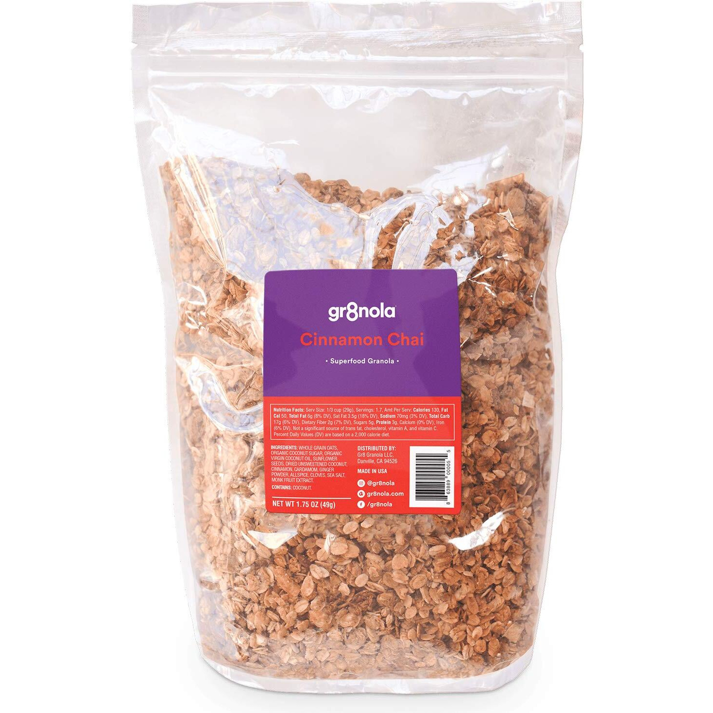 Gr8Nola Cinnamon Chai - Healthy, Low Sugar, Vegan Bulk Granola Cereal - Made With Superfoods Cinnamon, Ginger And Cardamom, Soy Free, Dairy Free And No Refined Sugar - 4.5Lb Resealable Bag