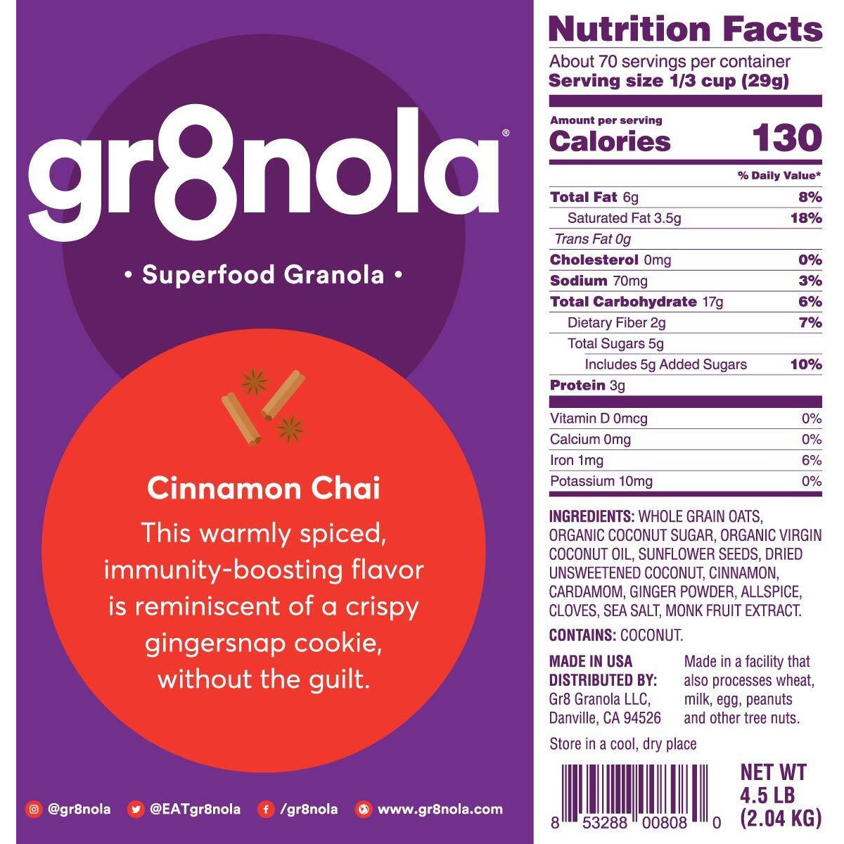 Gr8Nola Cinnamon Chai - Healthy, Low Sugar, Vegan Bulk Granola Cereal - Made With Superfoods Cinnamon, Ginger And Cardamom, Soy Free, Dairy Free And No Refined Sugar - 4.5Lb Resealable Bag