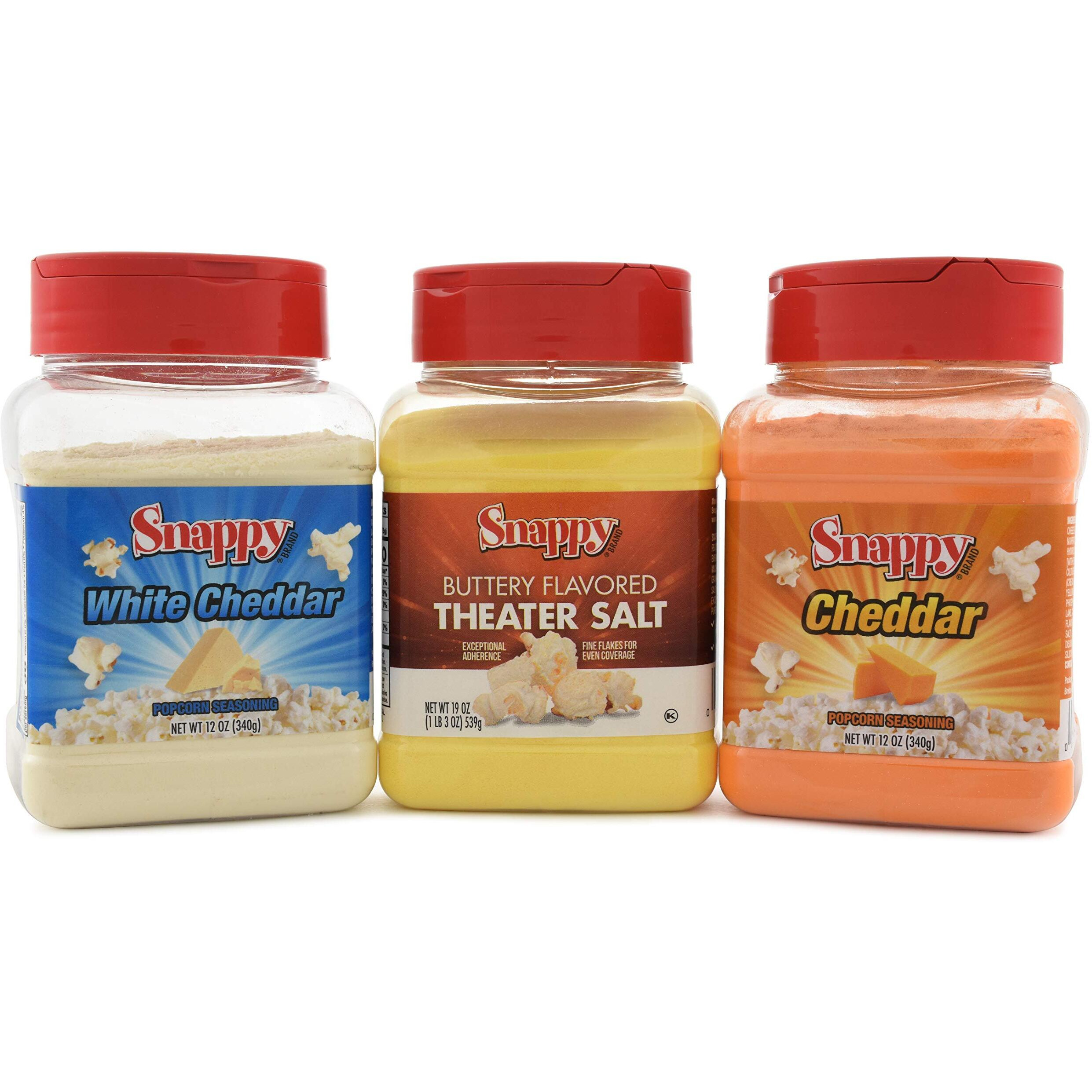 Snappy Popcorn Seasoning, Cheddar Cheese, White Cheddar Cheese, 12 Oz, Buttery Flavored Theater Popcorn Salt, 19 Oz, 3 Count