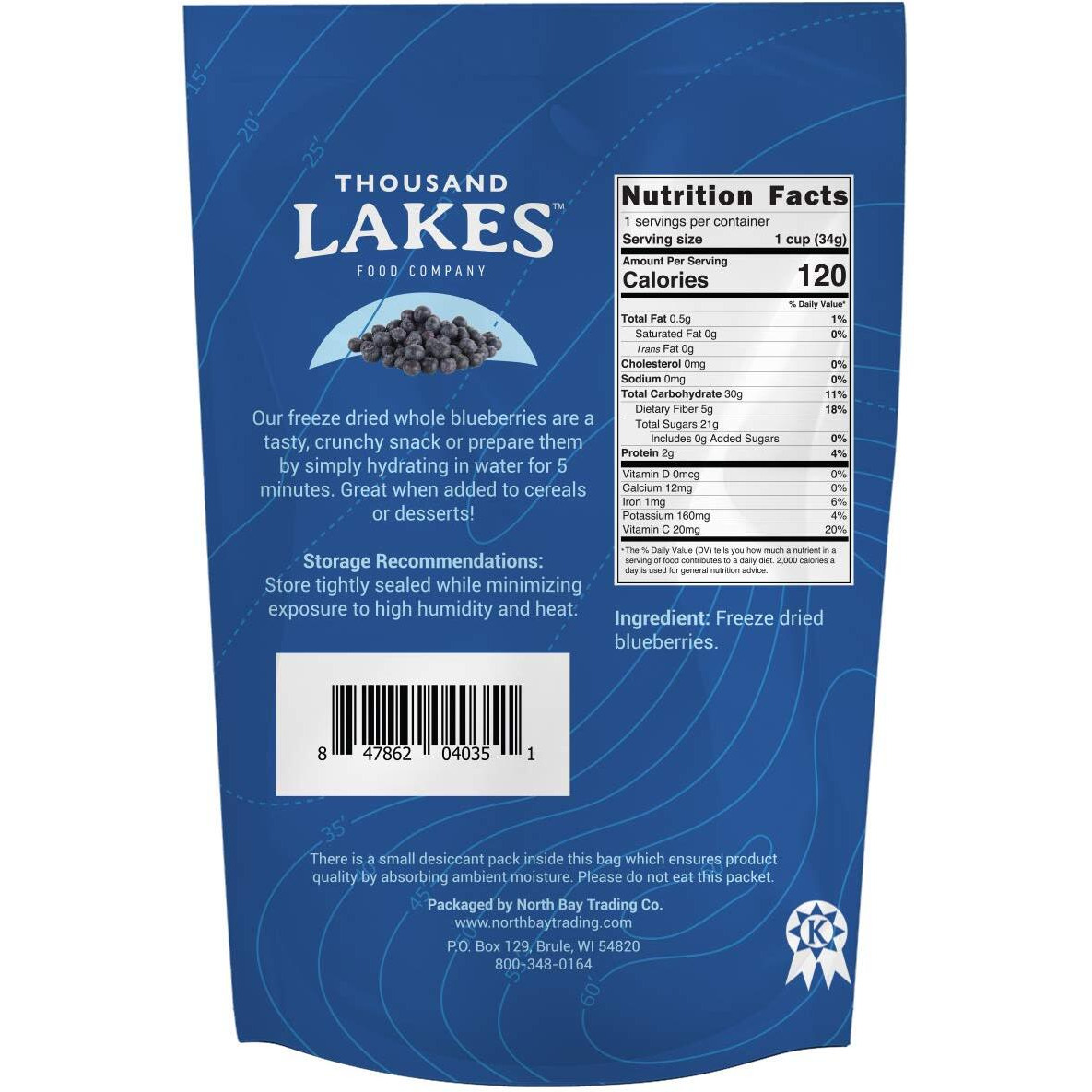 Thousand Lakes Freeze Dried Fruit - Blueberries 1.2 Ounces | No Sugar Added | 100% Whole Blueberries