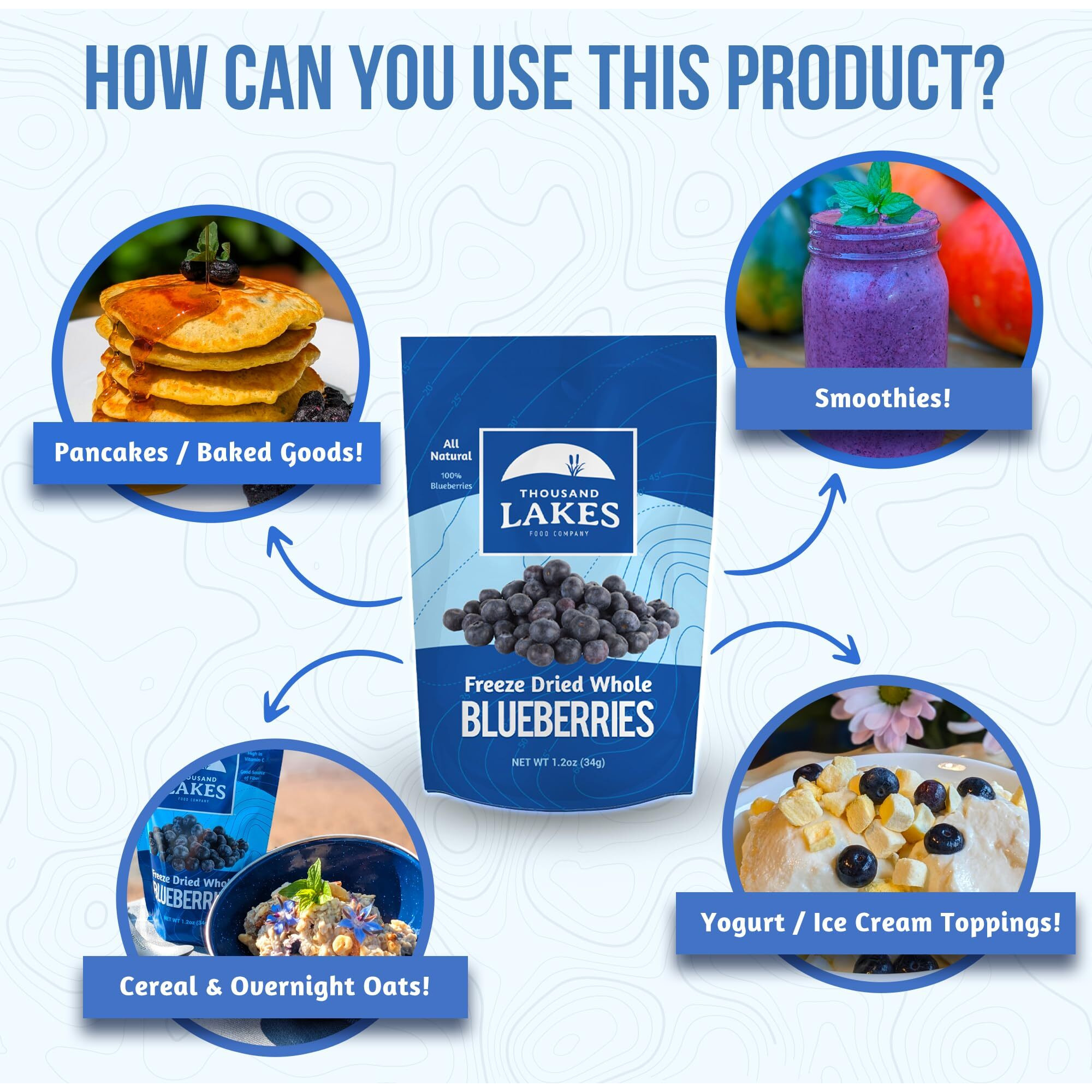 Thousand Lakes Freeze Dried Fruit - Blueberries 1.2 Ounces | No Sugar Added | 100% Whole Blueberries