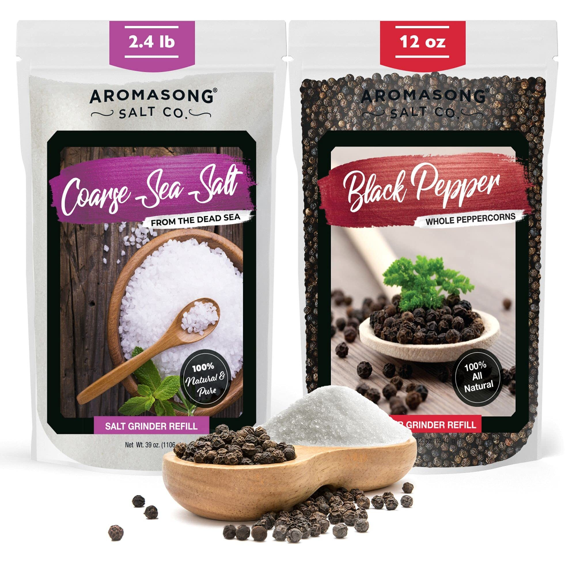 Aromasong Organic Coarse Sea Salt (2.43 Lb.) With Black Peppercorn (12 Oz) Grinder, Mill Refill Combo Set For Cooking & Baking - Bulk Resealable Bag