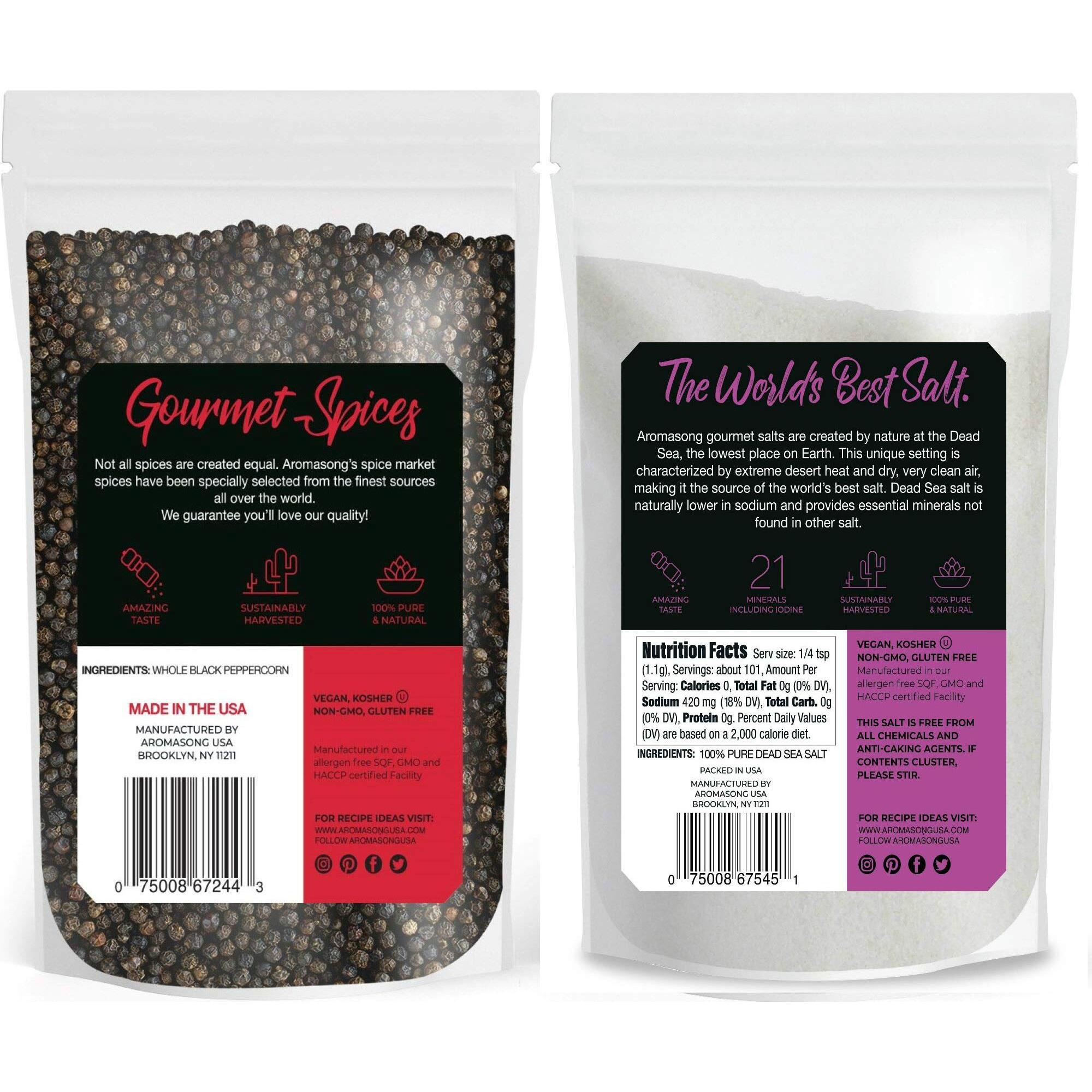 Aromasong Organic Coarse Sea Salt (2.43 Lb.) With Black Peppercorn (12 Oz) Grinder, Mill Refill Combo Set For Cooking & Baking - Bulk Resealable Bag