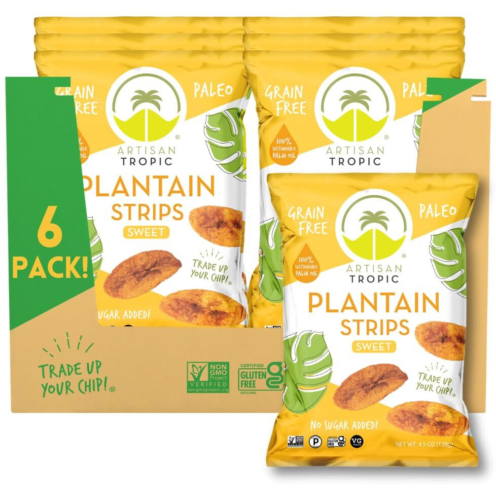 Artisan Tropic Plantain Strips Naturally Sweet - 6 Pack, 4.5Oz - Vegan, Paleo, Gluten Free Chips - Whole 30 Approved Foods Non-Gmo Healthy Snack For Lunches, Dipping, Parties - Baked Banana Chips