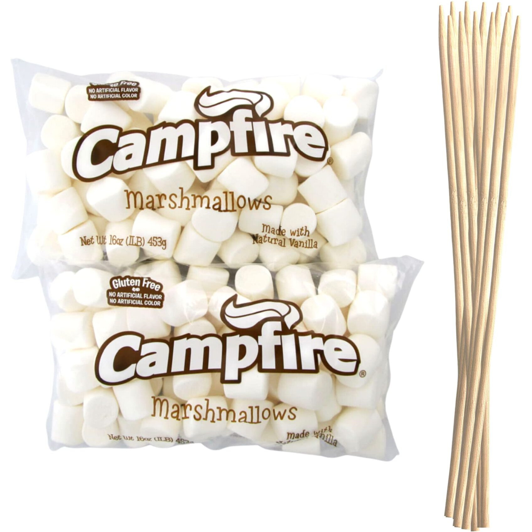 2 Pounds Of Large White Marshmallows With Bonus Roasting Sticks - Made With Natural Vanilla, No Artificial Flavors - Great For Campfires, S'Mores, Rice Crisp Bars, Cake Garnishes, Hot Chocolate