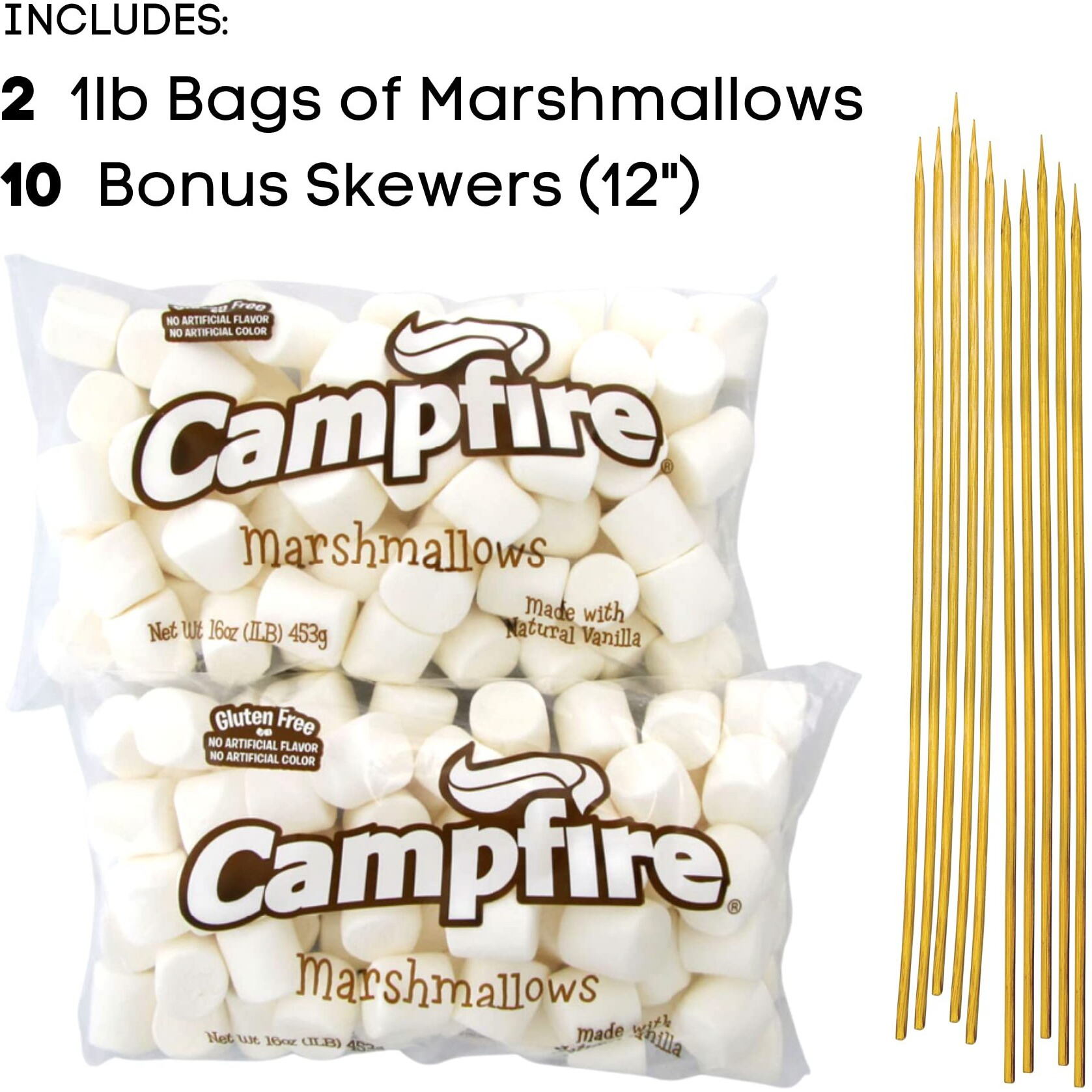2 Pounds Of Large White Marshmallows With Bonus Roasting Sticks - Made With Natural Vanilla, No Artificial Flavors - Great For Campfires, S'Mores, Rice Crisp Bars, Cake Garnishes, Hot Chocolate
