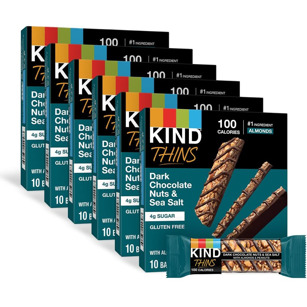 Kind Thins Dark Chocolate Nuts & Sea Salt Bars, 0.74 Ounce, 10 Count, Gluten Free Bars, 4G Sugar (60 Bars)