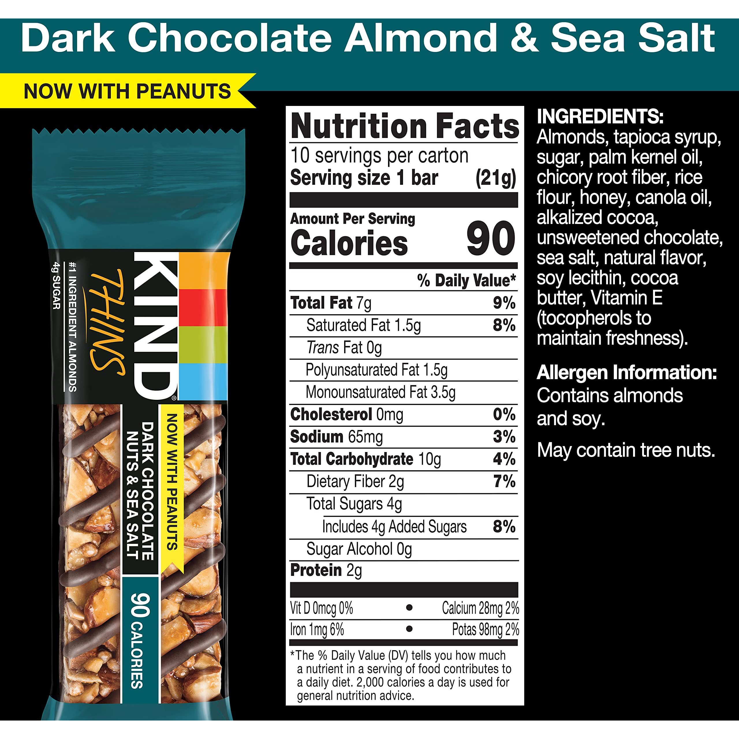 Kind Thins Dark Chocolate Nuts & Sea Salt Bars, 0.74 Ounce, 10 Count, Gluten Free Bars, 4G Sugar (60 Bars)