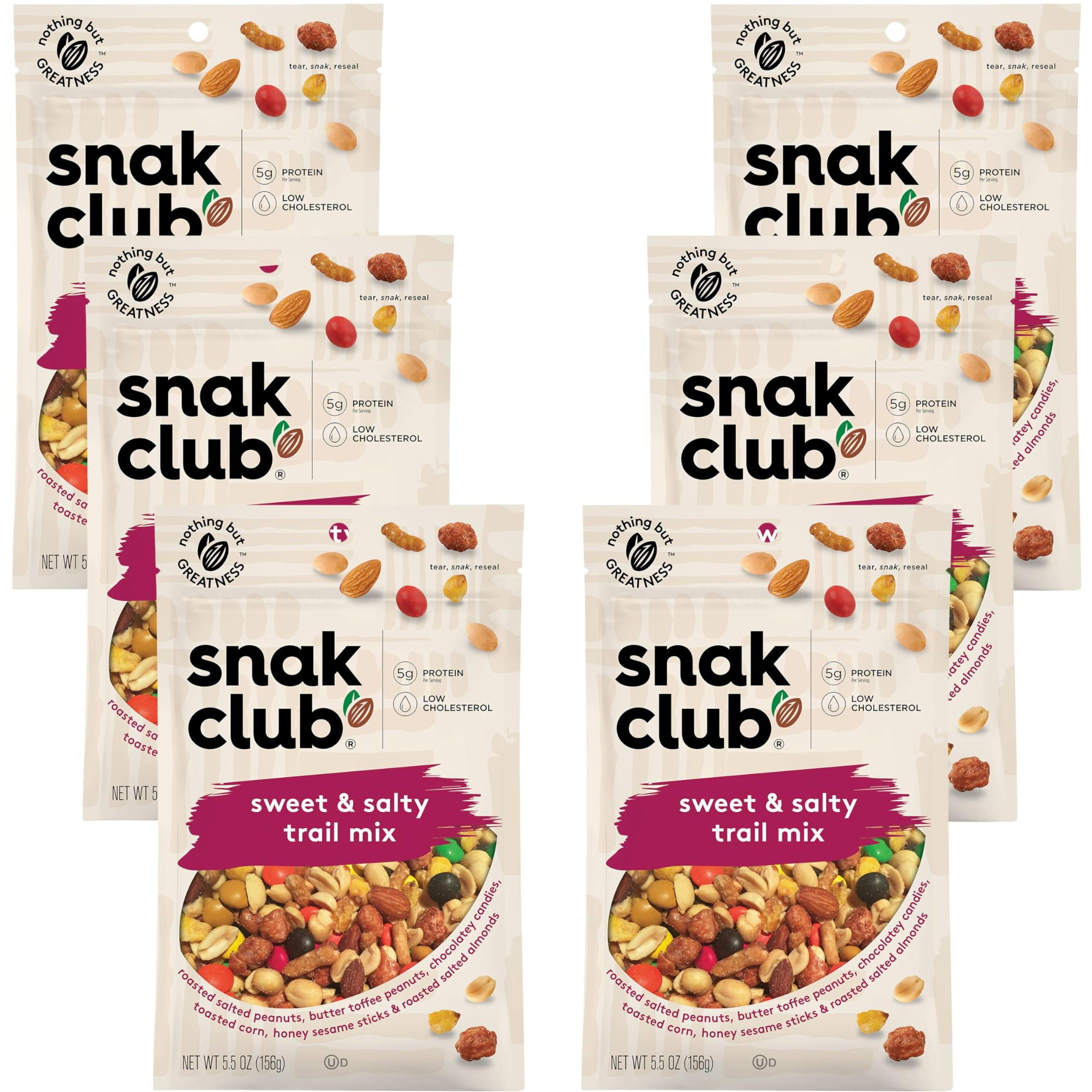 Snak Club Sweet And Salty Trail Mix With Peanuts, Butter Toffee Peanuts, Chocolatey Candies, Toasted Corn, Honey Sesame Sticks, And Almonds, Kosher Snack, 5.5 Oz Resealable Bags, 6 Pack