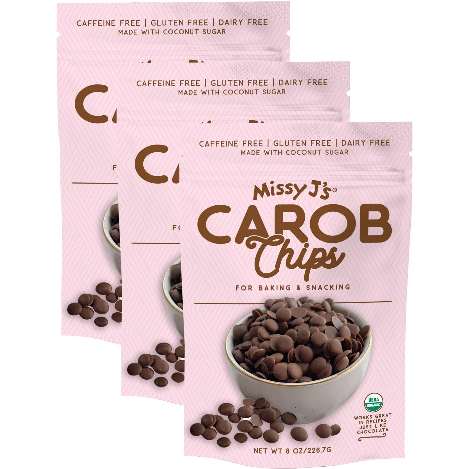 Missy J's Organic Carob Chips 3 Pack | Carob Made W/Coconut Sugar, Vegan And Gluten-Free | Healthy Caffeine Free Substitute For Chocolate, Perfect For Snacks And Treats