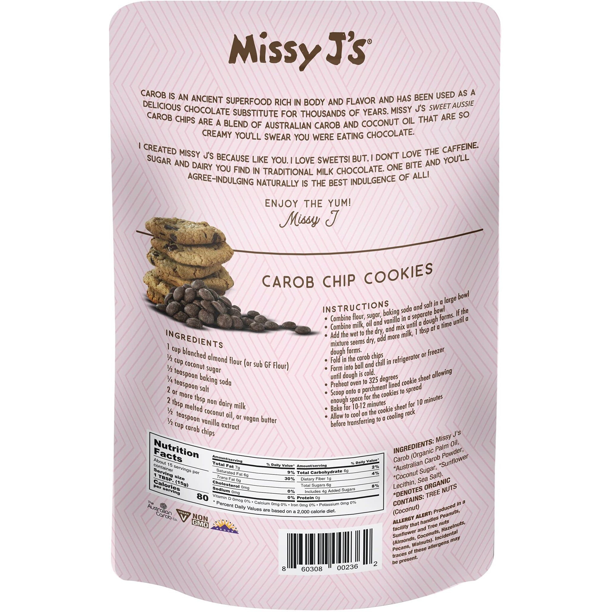Missy J's Organic Carob Chips 3 Pack | Carob Made W/Coconut Sugar, Vegan And Gluten-Free | Healthy Caffeine Free Substitute For Chocolate, Perfect For Snacks And Treats