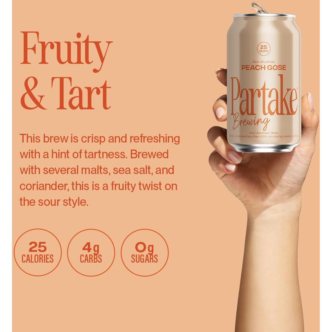 Partake Brewing Non Alcoholic Craft Brew, Peach Gose, 24 Pack - 12 Ounce Cans, Low Calorie, All Natural
